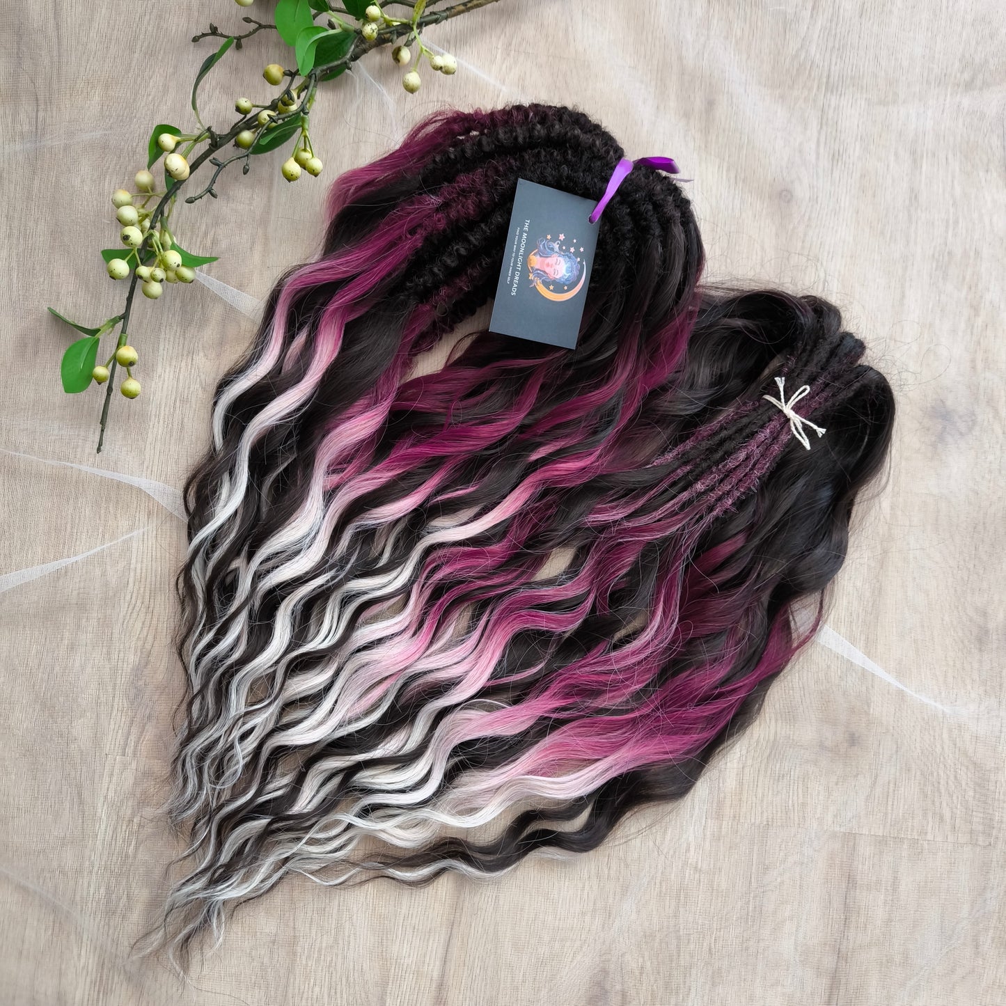 Velvet Twilight - handcrafted set features a rich gradient of deep chocolate brown, dark berry, magenta, and icy platinum - perfect for those who love a dramatic yet elegant look.
Soft, lightweight, and reusable synthetic brushable double ended wavy dreadlocks.