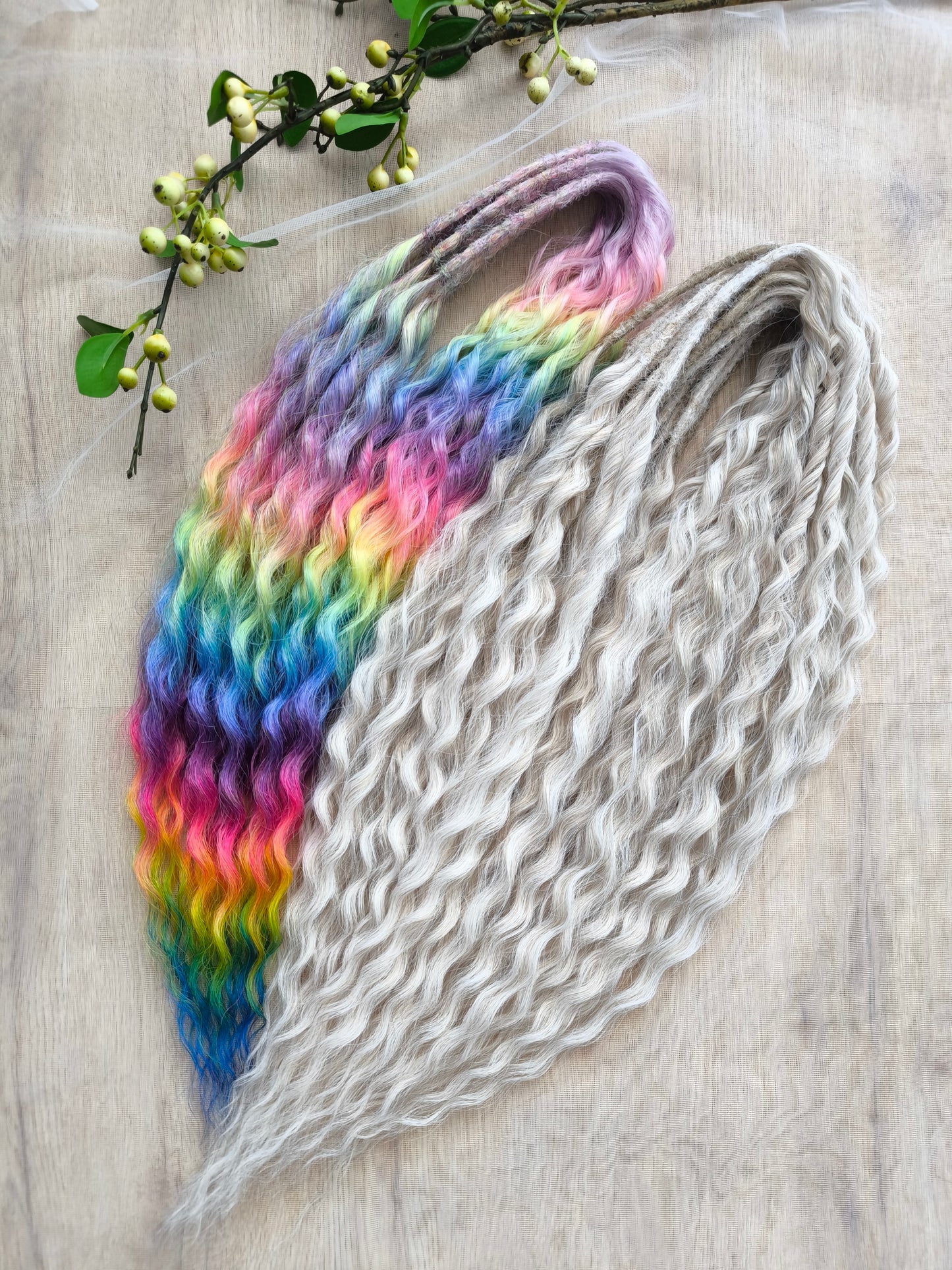 White Rainbow: the mix of Platinum Blonde (2/3 parts of blonde) + and Rainbow/glitch/prism effect (1/3 part of rainbow) soft, lightweight, and reusable synthetic brushable double ended wavy dreadlocks (NOT BRUSHABLE).