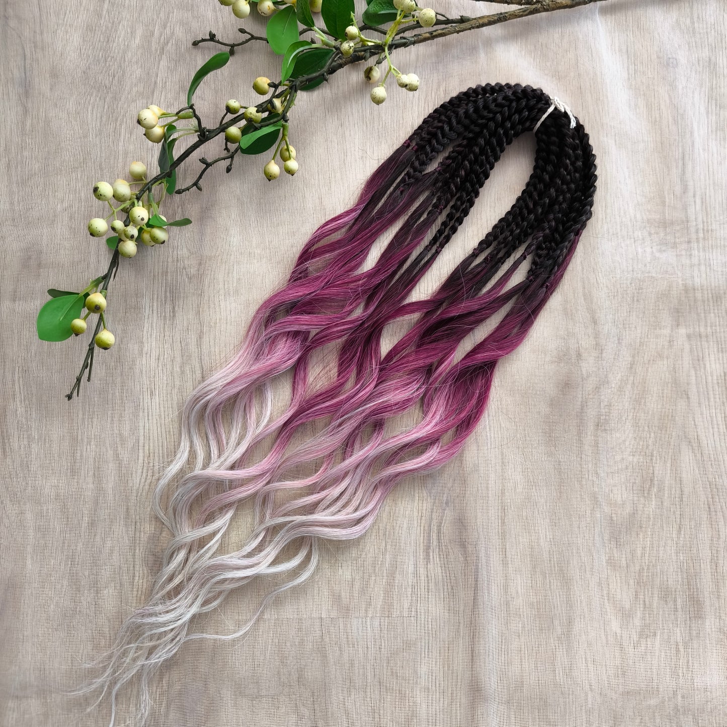 Ombre from dark chocolate brown to cherry/burgundy and platinum blonde: soft, lightweight, and reusable synthetic brushable double ended wavy dreadlocks (regular dreaded, braided middle, or push-up).