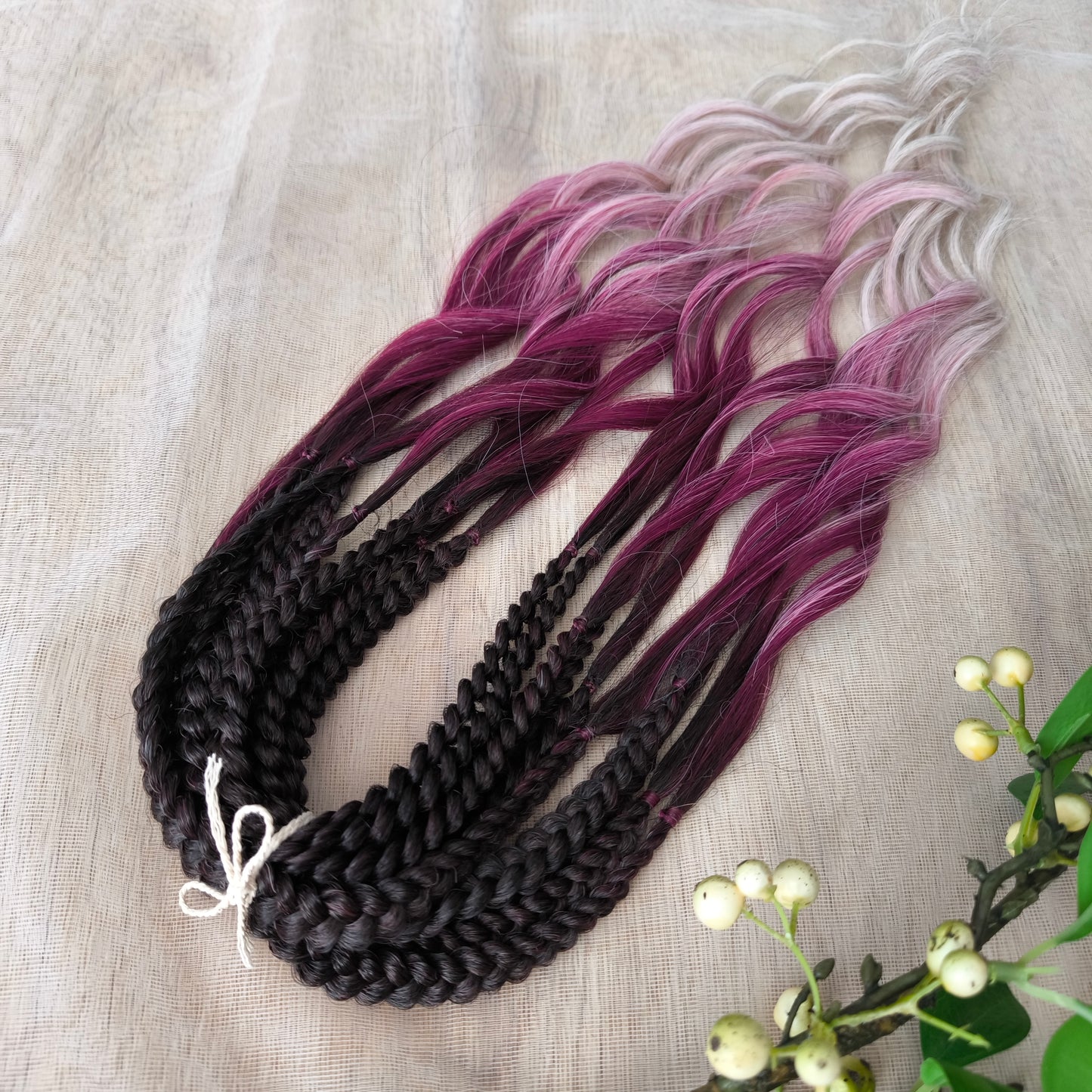 Ombre from dark chocolate brown to cherry/burgundy and platinum blonde: soft, lightweight, and reusable synthetic brushable double ended wavy dreadlocks (regular dreaded, braided middle, or push-up).