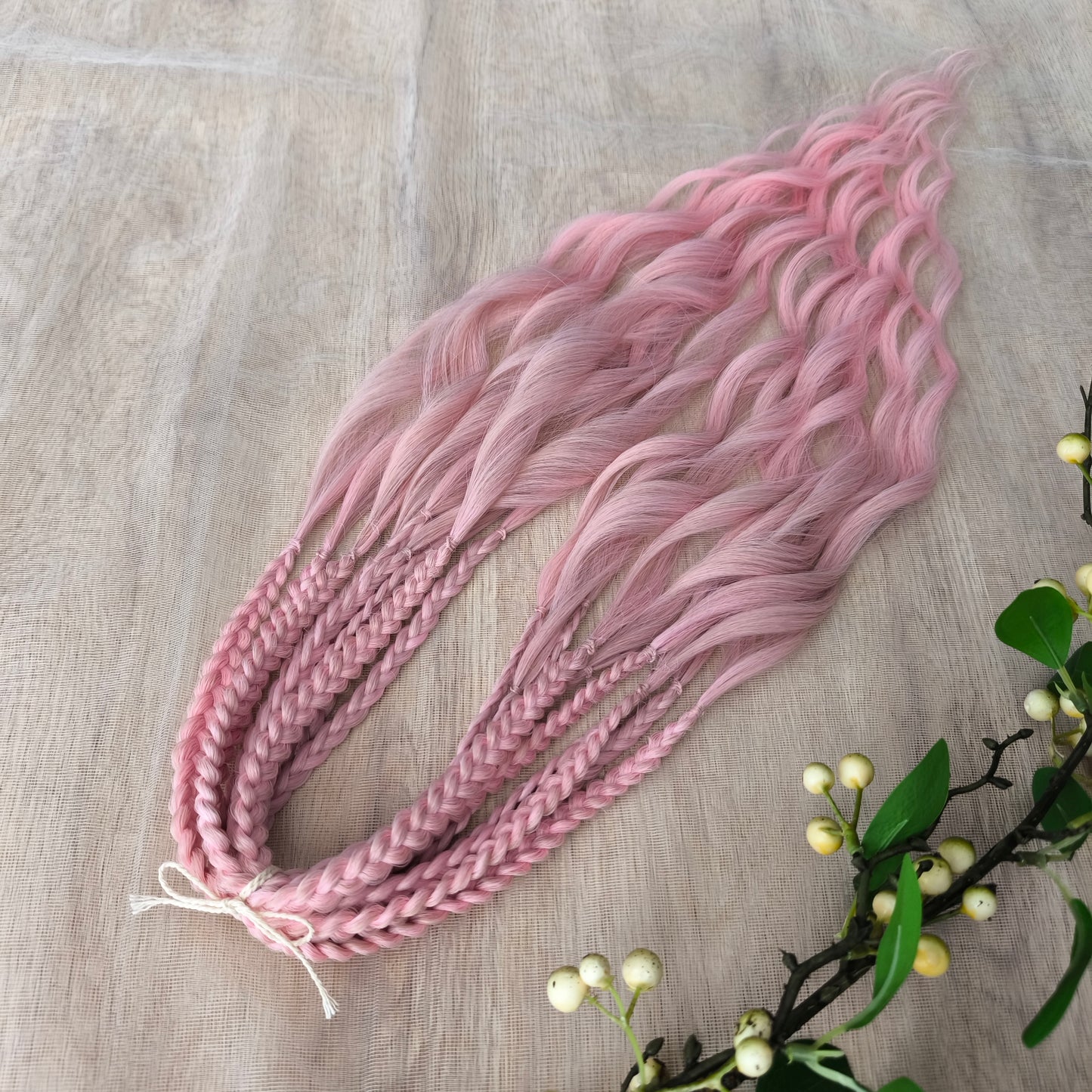 Soft lightweig and reusable brushable curls (regular dreaded, braided middle or pushup): ombre from ash dusty pink to soft pastel pink shade with a powdery undertone adds a touch of sweetness and magic to your style. Perfect for festival vibes, whimsical photo shoots, or simply adding a little fairytale charm to your everyday look.