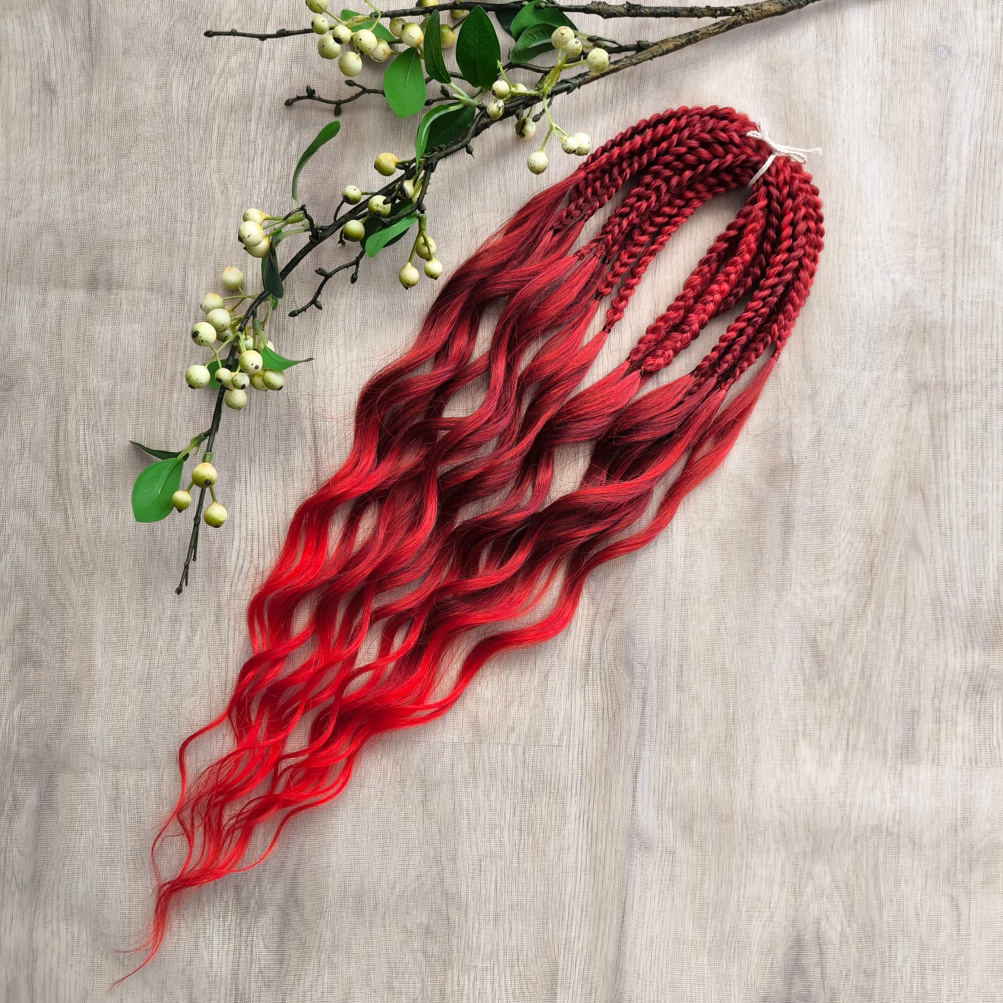 Ombre dark red to bloody red brushable, soft, lightweight, and reusable synthetic dreaded curls (standard dreaded, braided middle or push-up).