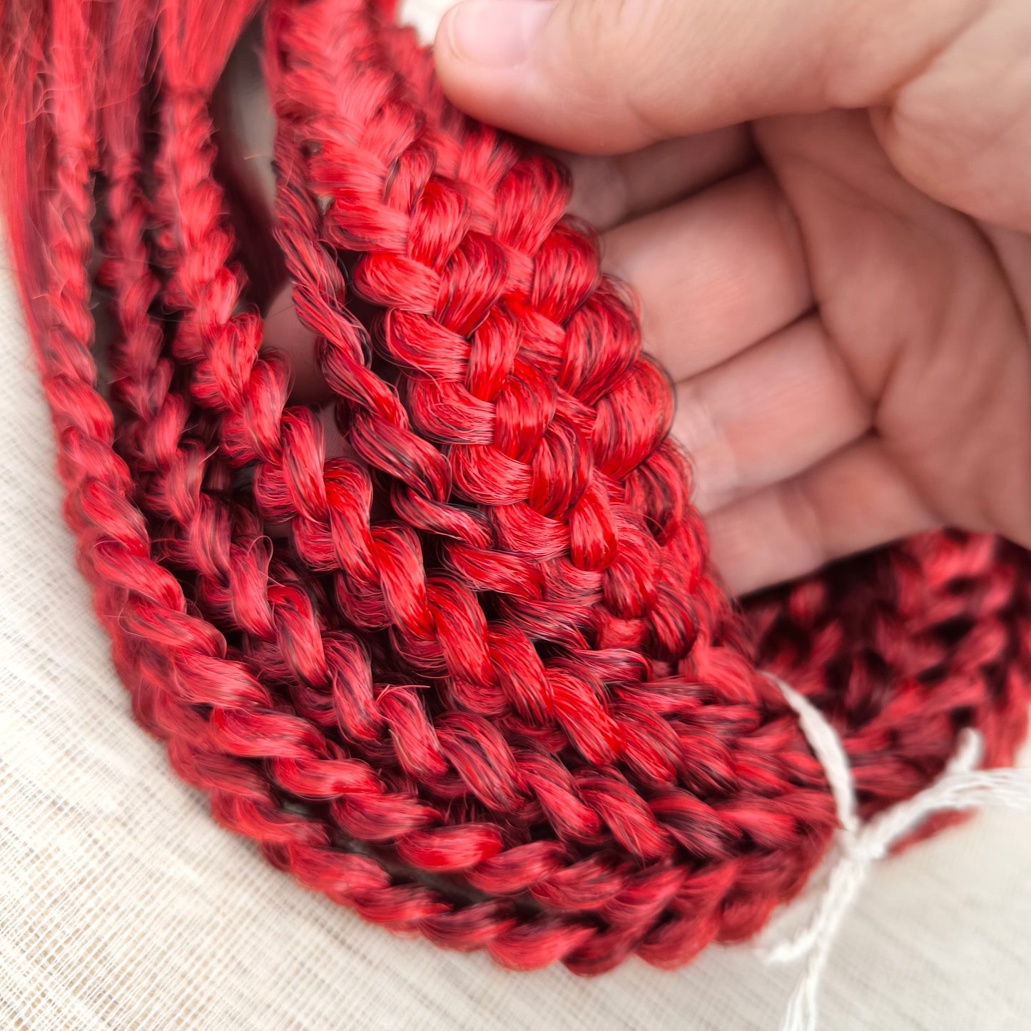 Ombre dark red to bloody red brushable, soft, lightweight, and reusable synthetic dreaded curls (standard dreaded, braided middle or push-up).