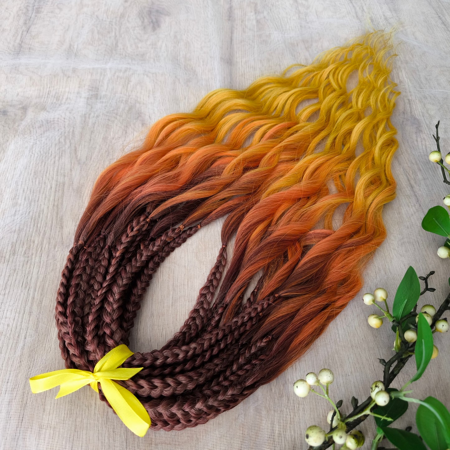 Turn heads with this vibrant, fiery blend of colors — starting from deep chestnut roots, melting into warm copper and orange, and flowing into glowing golden yellow tips. Each strand feels like a brushstroke of sunset light.
Perfect for those who love bold, sunny looks and want to bring warmth and energy to their style. Lightweight, eye-catching, and full of personality — this set is ideal for summer festivals, photo shoots, or just expressing your inner fire.