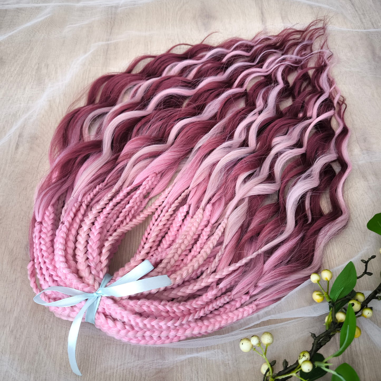 Ombre from pink to burgundy BRUSHABLE synthetic dreaded curls (regular, braided middle or push-up/dolly)