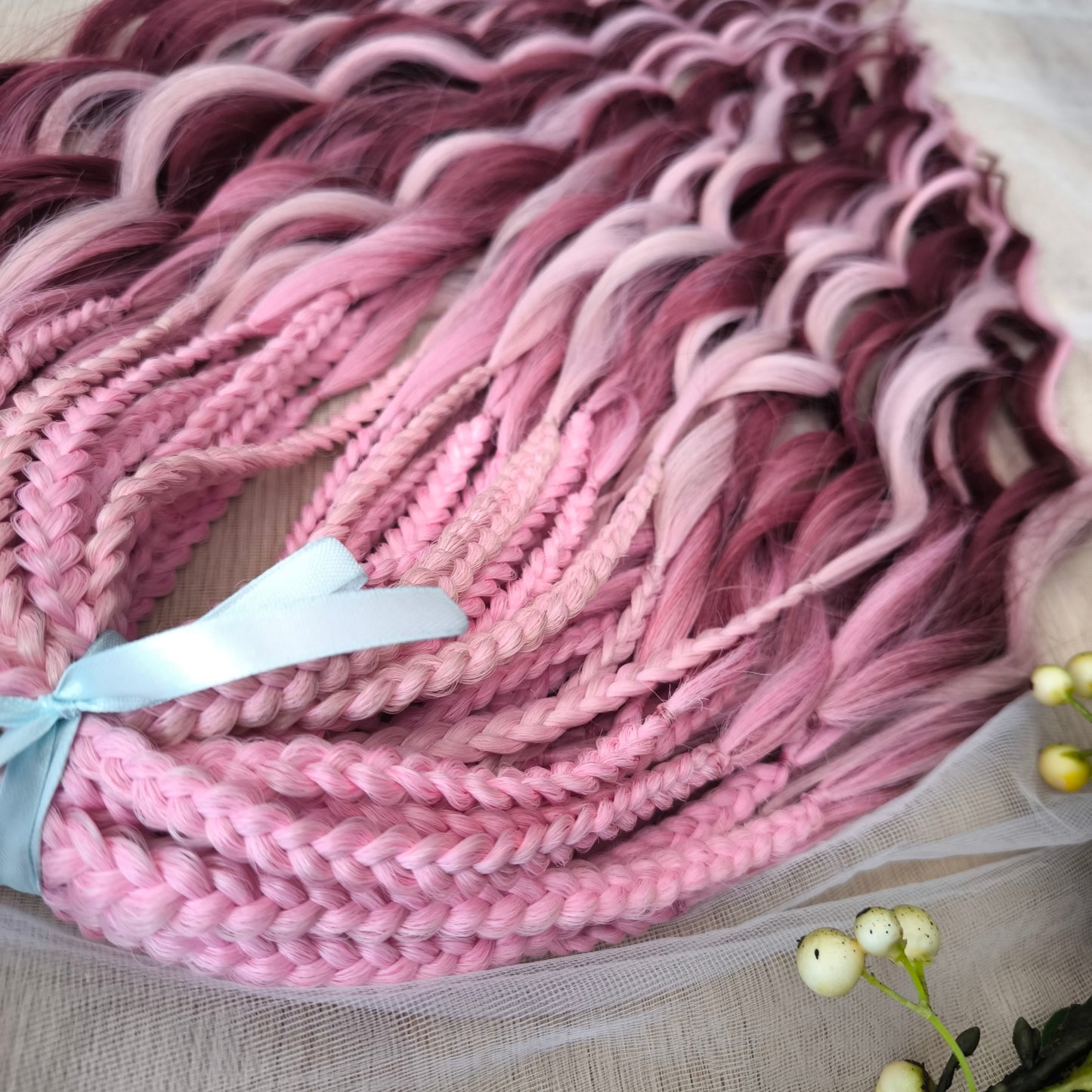 Ombre from pink to burgundy BRUSHABLE synthetic dreaded curls (regular, braided middle or push-up/dolly)