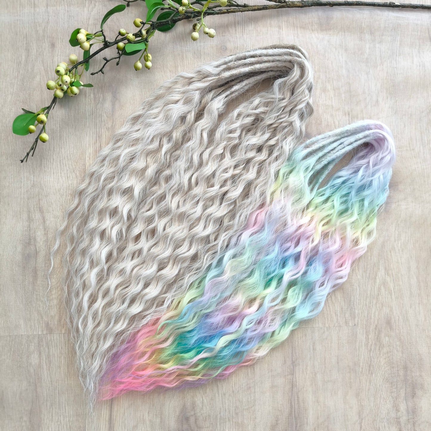 Pastel Unicorn: the mix of Platinum Blonde (2/3 parts of blonde) + and Pastel Rainbow/glitch/prism effect (1/3 part of rainbow) soft, lightweight, and reusable synthetic brushable double ended wavy dreadlocks (NOT BRUSHABLE)