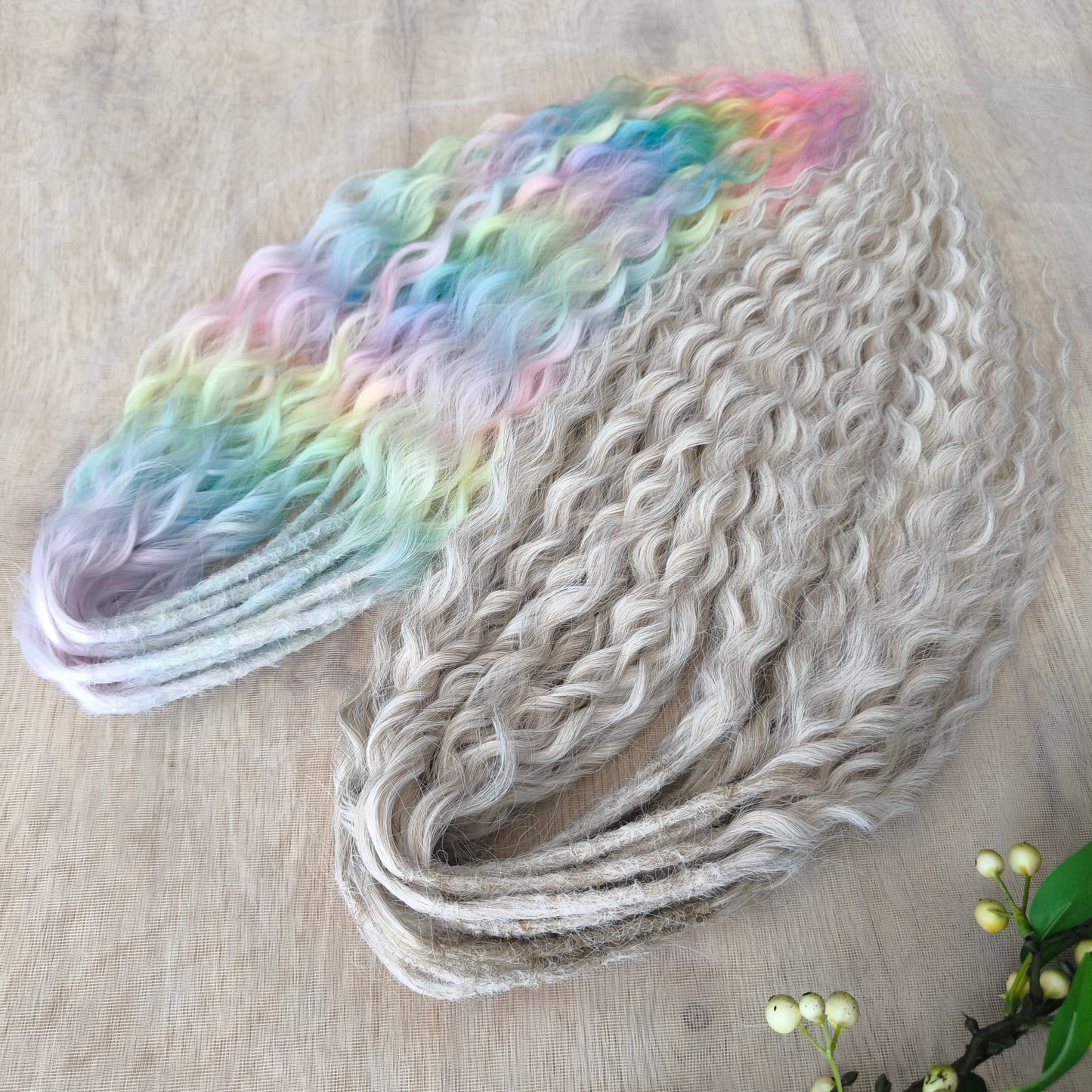 Pastel Unicorn: the mix of Platinum Blonde (2/3 parts of blonde) + and Pastel Rainbow/glitch/prism effect (1/3 part of rainbow) soft, lightweight, and reusable synthetic brushable double ended wavy dreadlocks (NOT BRUSHABLE)