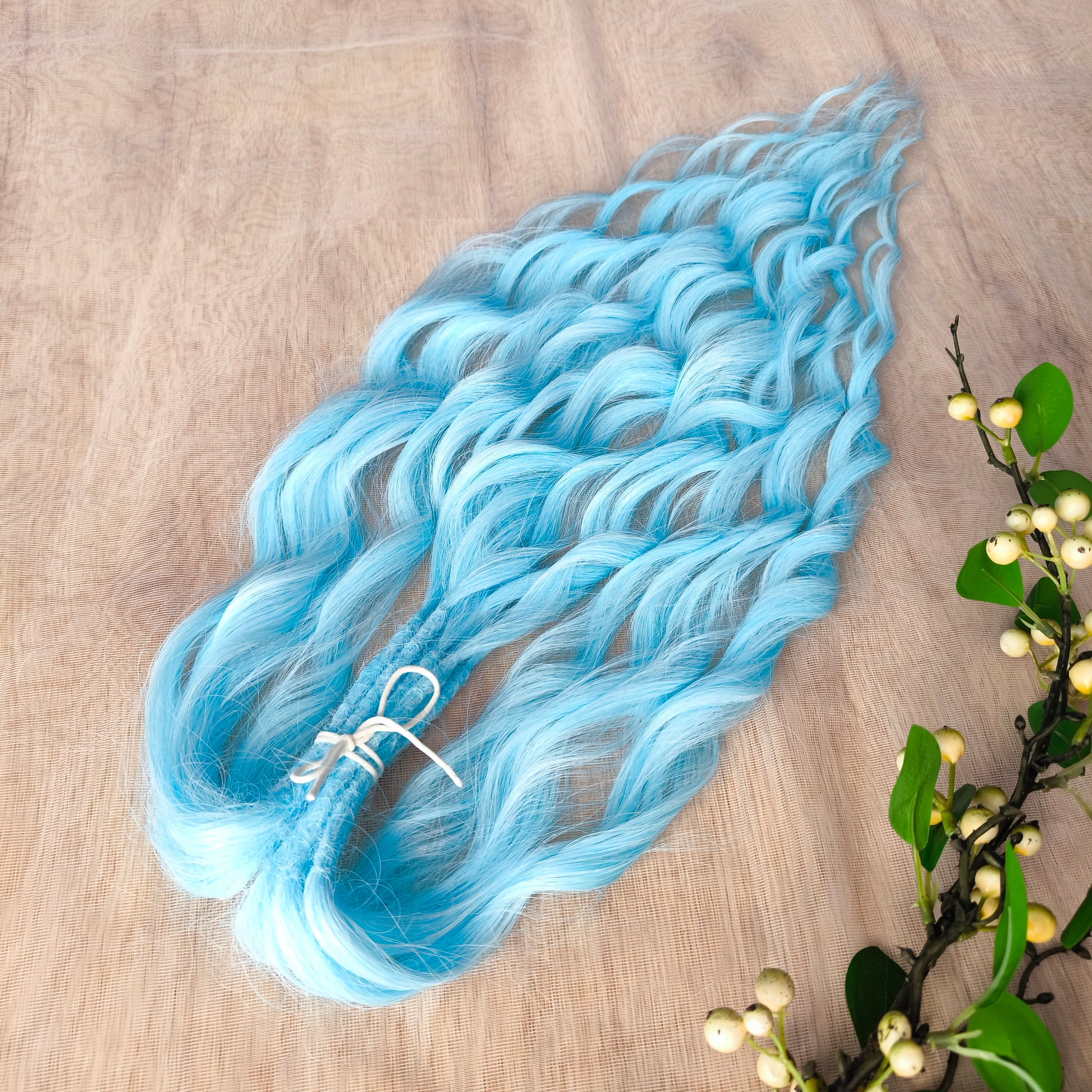 Sky blue soft, lightweight, and reusable synthetic brushable double ended wavy dreadlocks (regular dreaded, braided middle, or push-up).