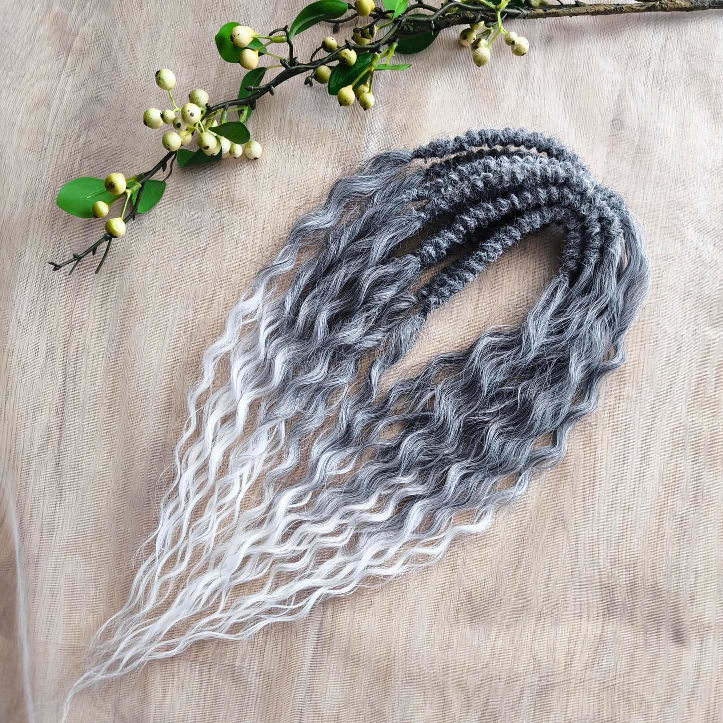 Salt and pepper: ombre from grey to white soft, lightweight, and reusable synthetic brushable double ended wavy dreadlocks (NOT BRUSHABLE).
The length:
Standard dreaded - 22-24 inches (55-60 cm), dreaded part ±3-4 inches
Push-up / Dolly - 20-22 inches (50-55 cm), dreaded part ±4 inches