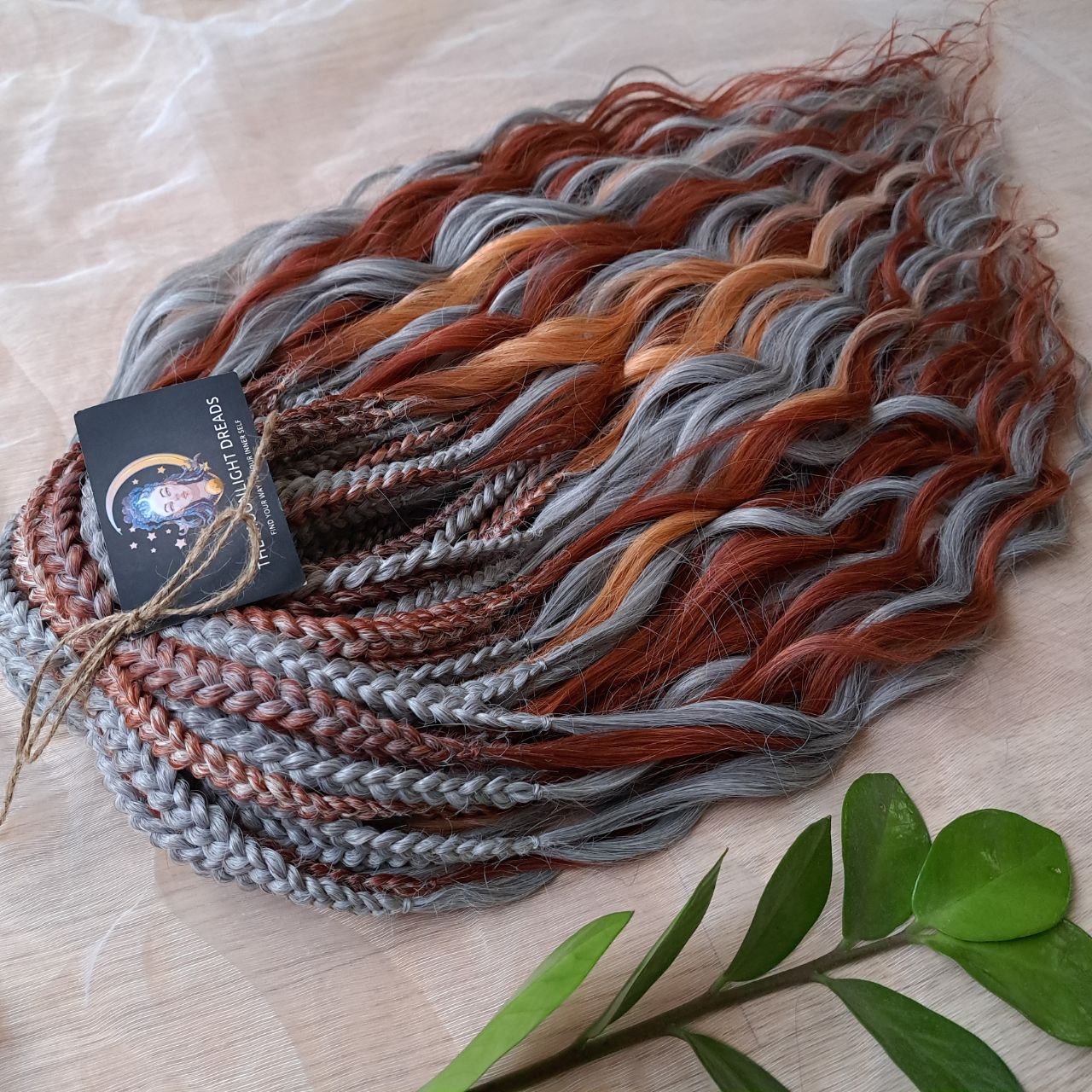Silver Copper Blend: grey and red BRUSHABLE synthetic DE curls with braided middle