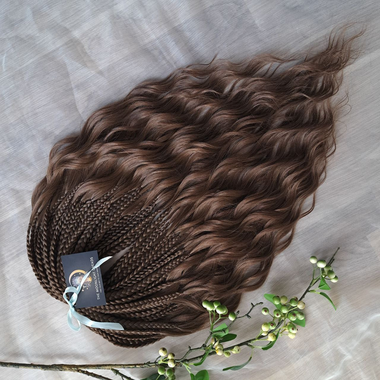 brown soft, lightweight, and reusable synthetic brushable double ended wavy dreadlocks (regular dreaded, braided middle or push-up).