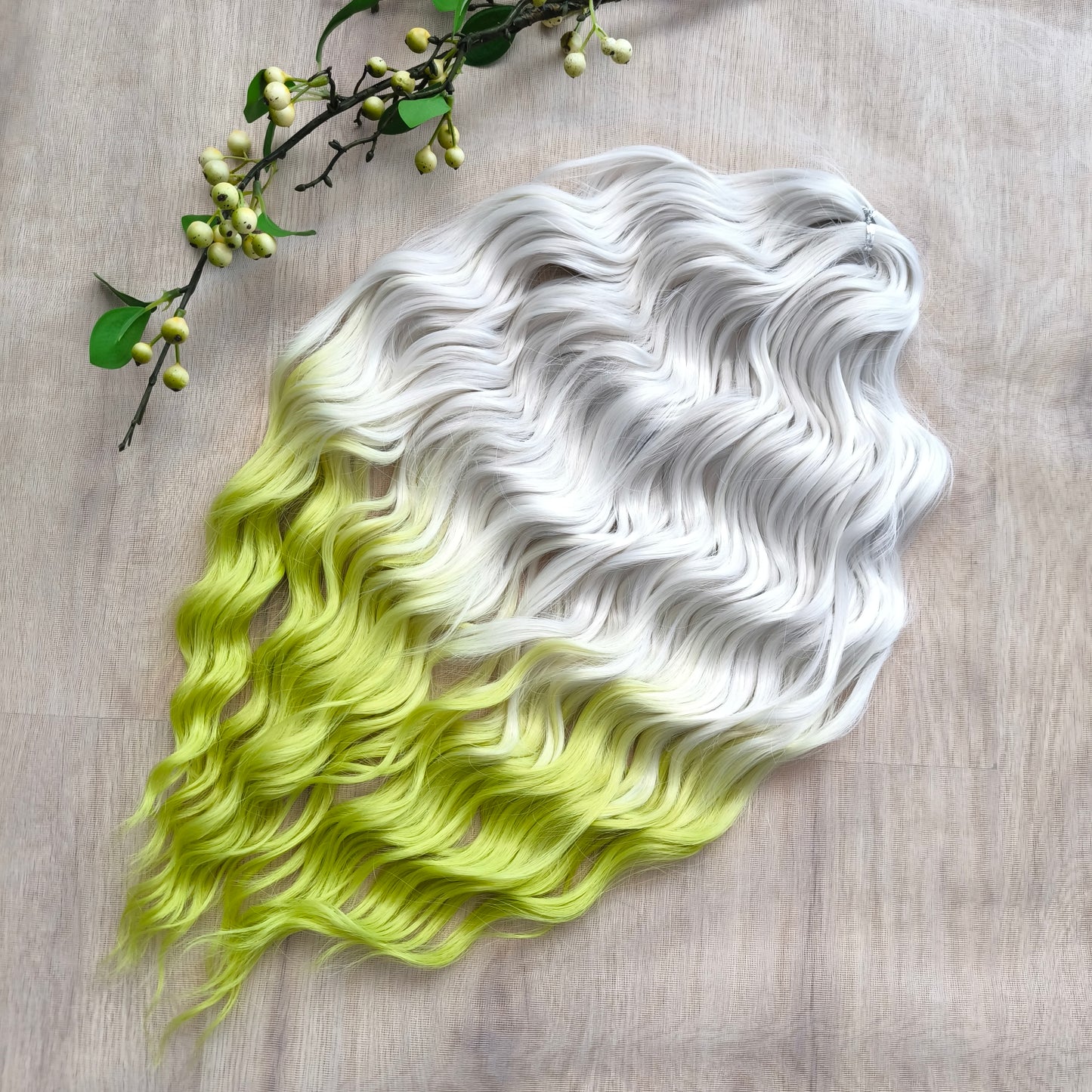 Lemon Frost - radiant ombré starts with an icy white base, melts into soft pastel lemon, and flows into a bold neon yellow-green at the tips. Soft, lightweight, and reusable synthetic brushable double ended wavy dreadlocks (regular dreaded, braided middle, or push-up).