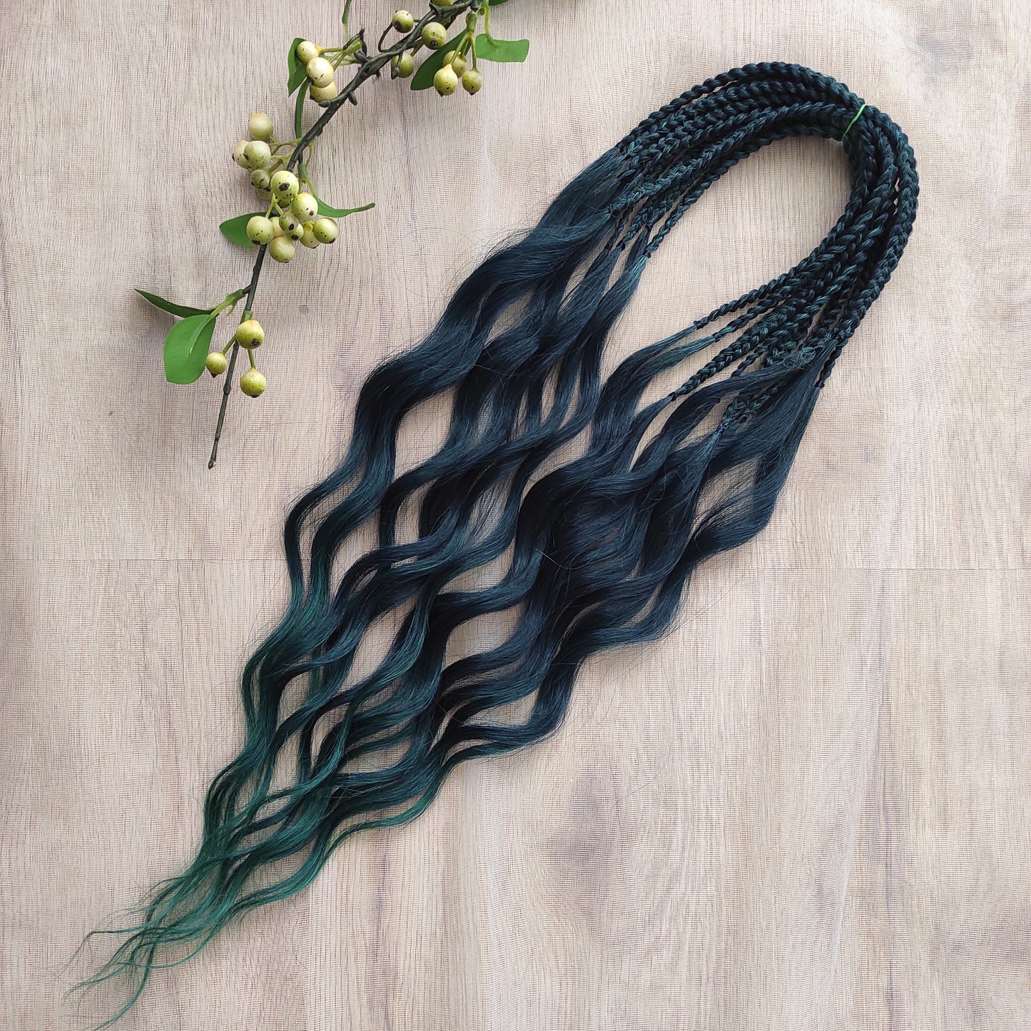 Midnight Teal to Emerald Fade soft, lightweight, and reusable synthetic brushable double ended wavy dreadlocks.
