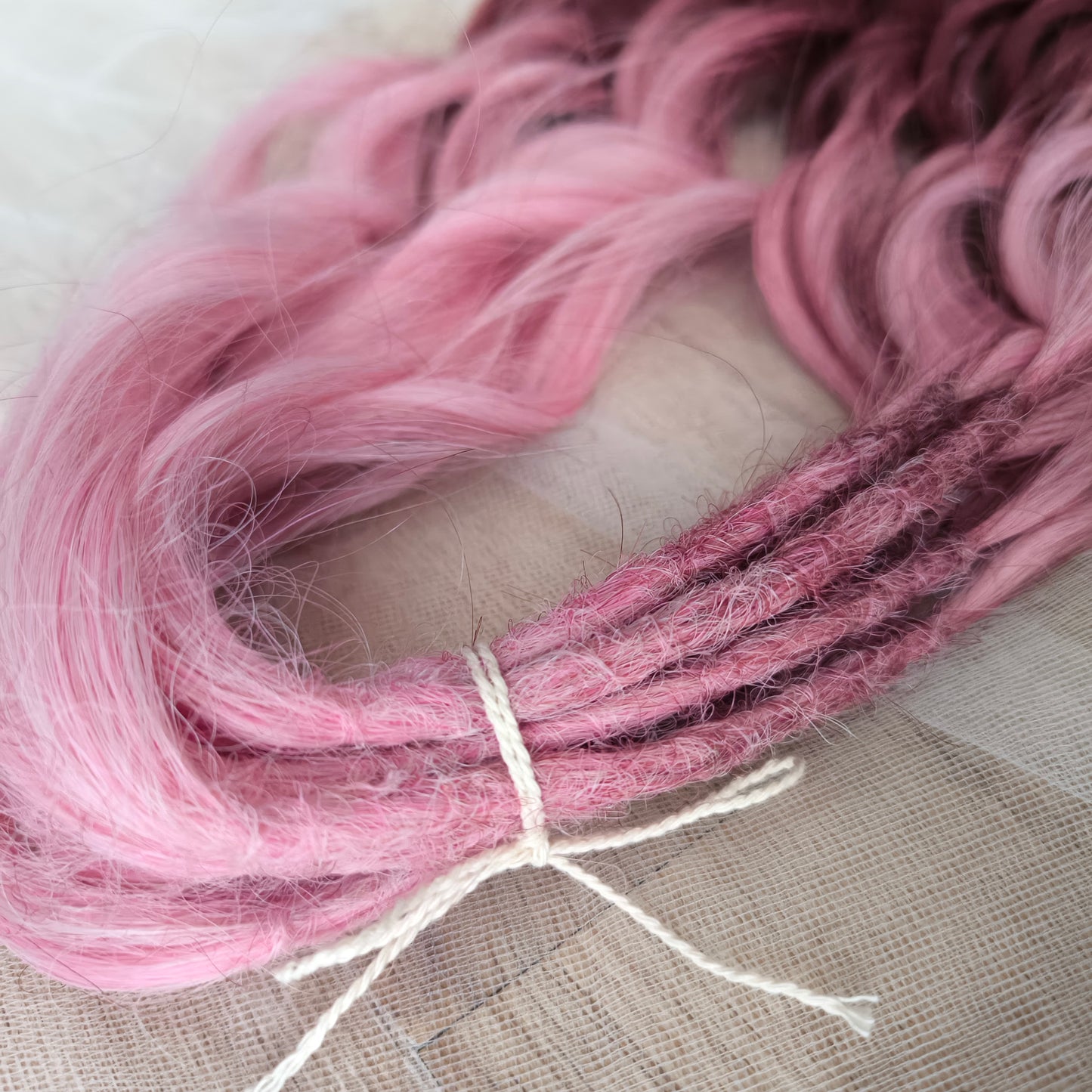 Ombre from pink to burgundy BRUSHABLE synthetic dreaded curls (regular, braided middle or push-up/dolly)