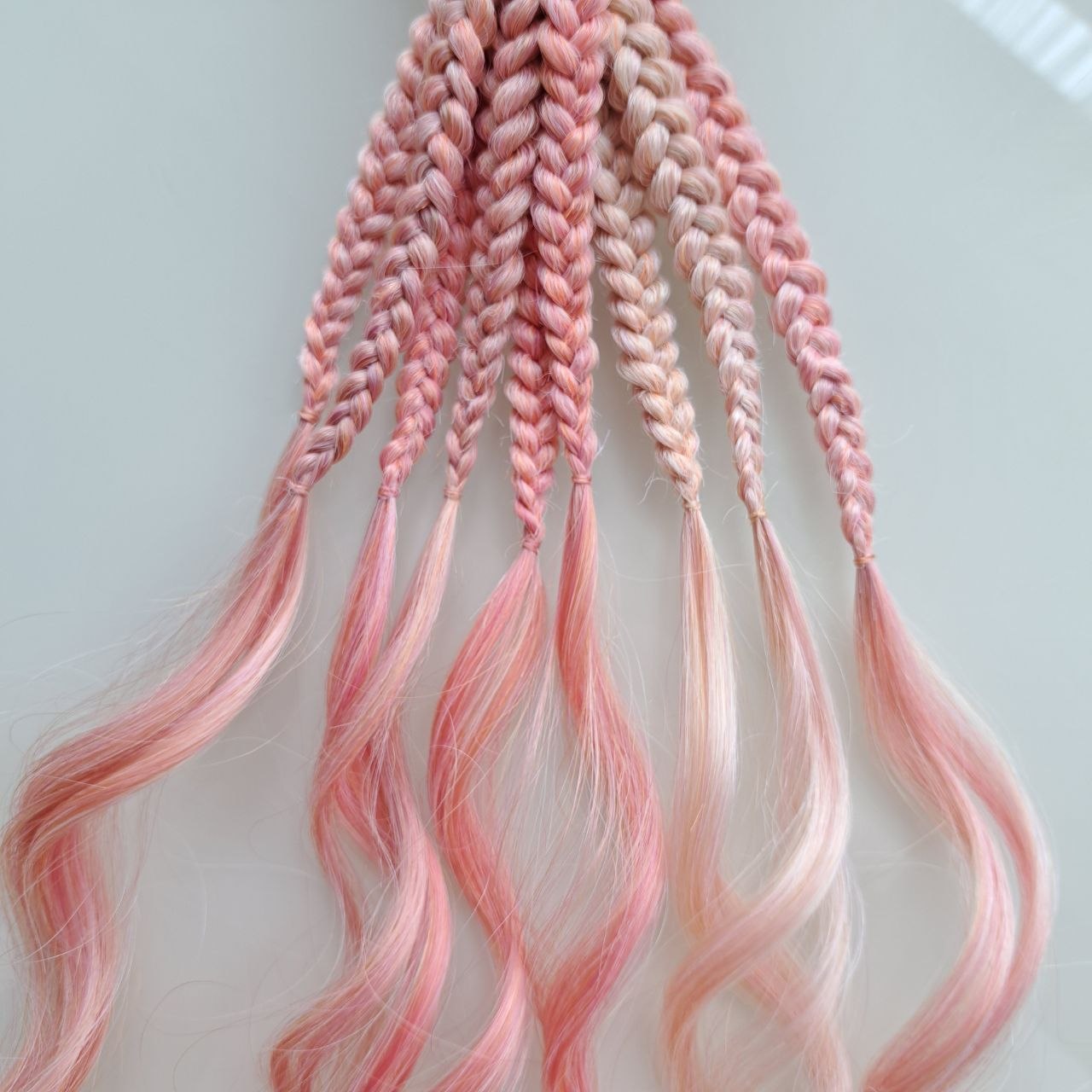 Pink Flamingo - a mix of a few coral pink and pinky blonde shades. Soft, lightweight, and reusable synthetic brushable double ended wavy dreadlocks (regular dreaded, braided middle, or push-up):
The length:
Standard dreaded - 22-24 inches (55-60 cm), one-side dreaded part ±4-5 inches
Braided middle - 22-24 inches (55-60 cm), braid ±4-5 inches folded (total ±8-10 inches)
Push-up / Dolly - 20-22 inches (50-55 cm), dreaded part ±4 inches (from working side)