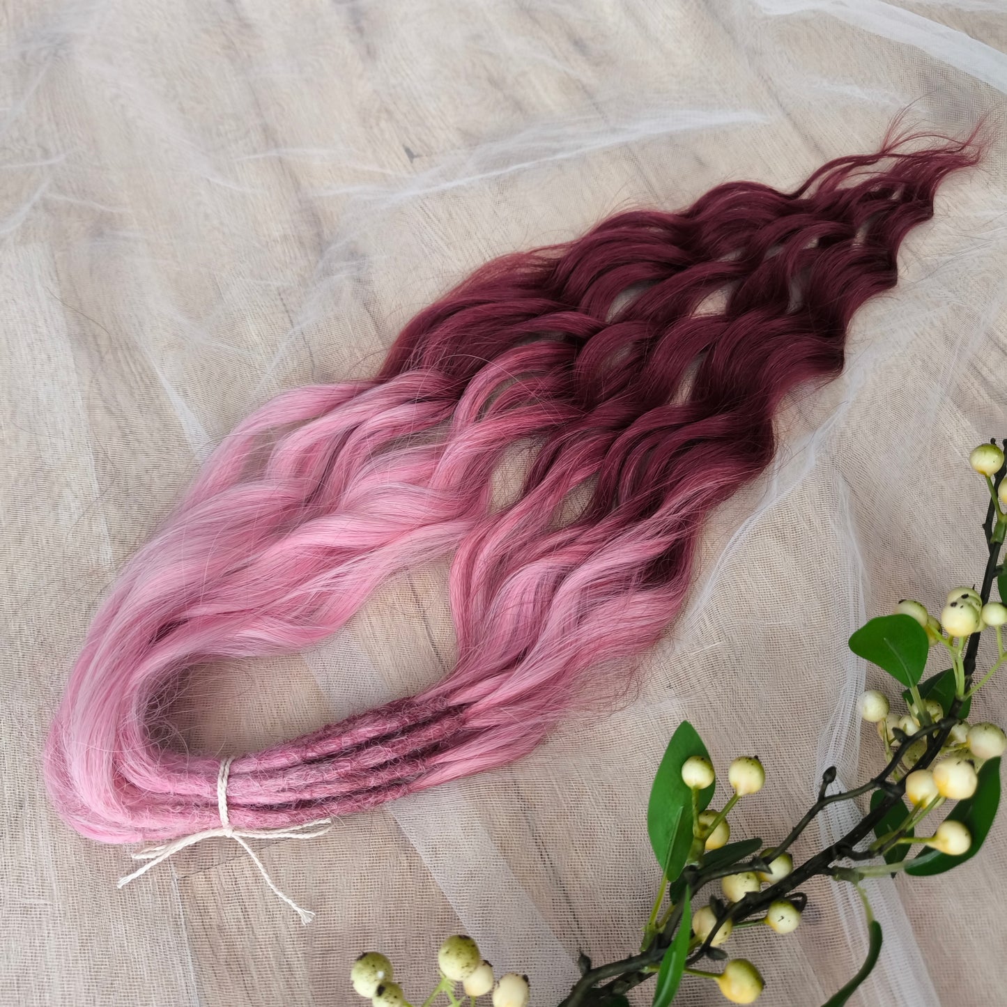 Ombre from pink to burgundy BRUSHABLE synthetic dreaded curls (regular, braided middle or push-up/dolly)