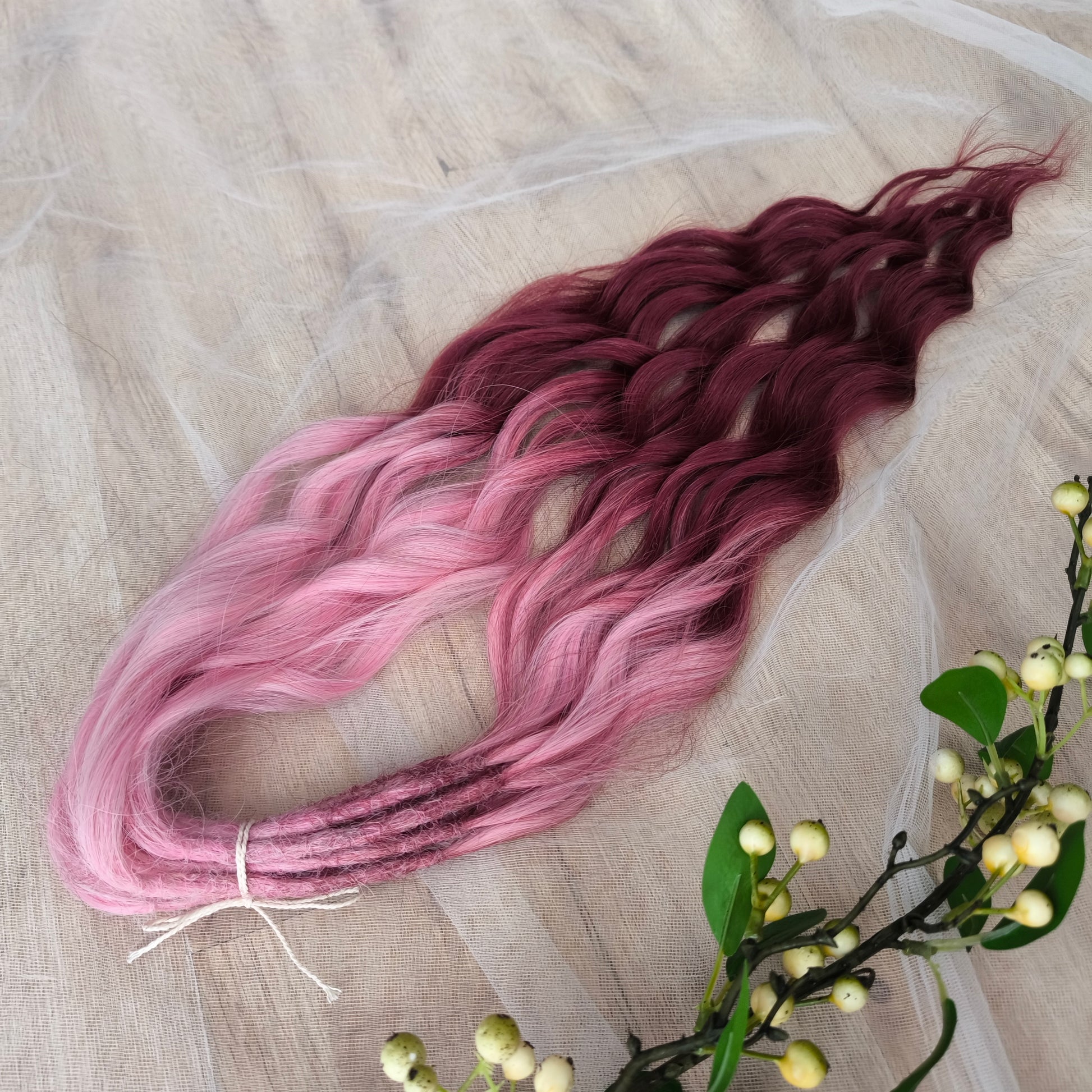 Ombre from pink to burgundy BRUSHABLE synthetic dreaded curls (regular, braided middle or push-up/dolly)