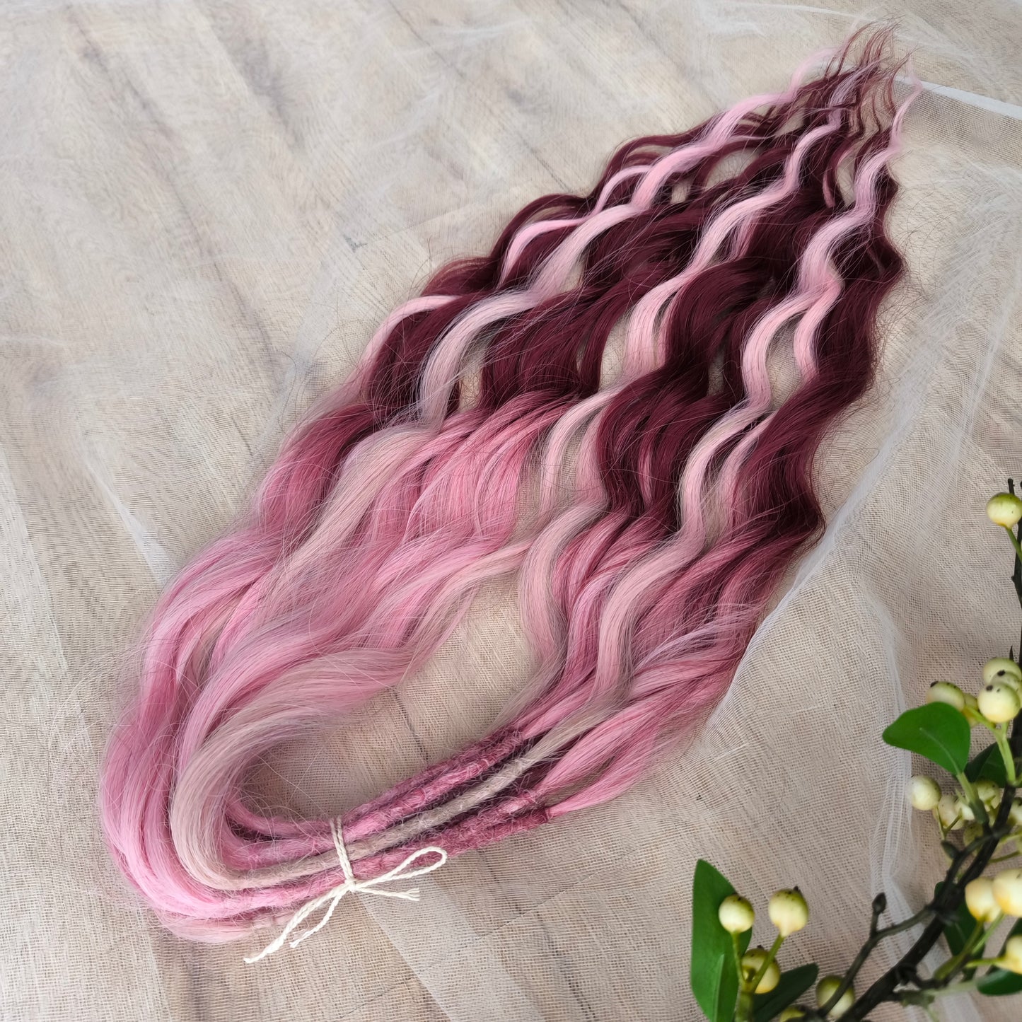 Cherry tree: multicolored mix of pink and ombre pink to burgundy BRUSHABLE synthetic curls (regular dreaded, braided middle or push-up)