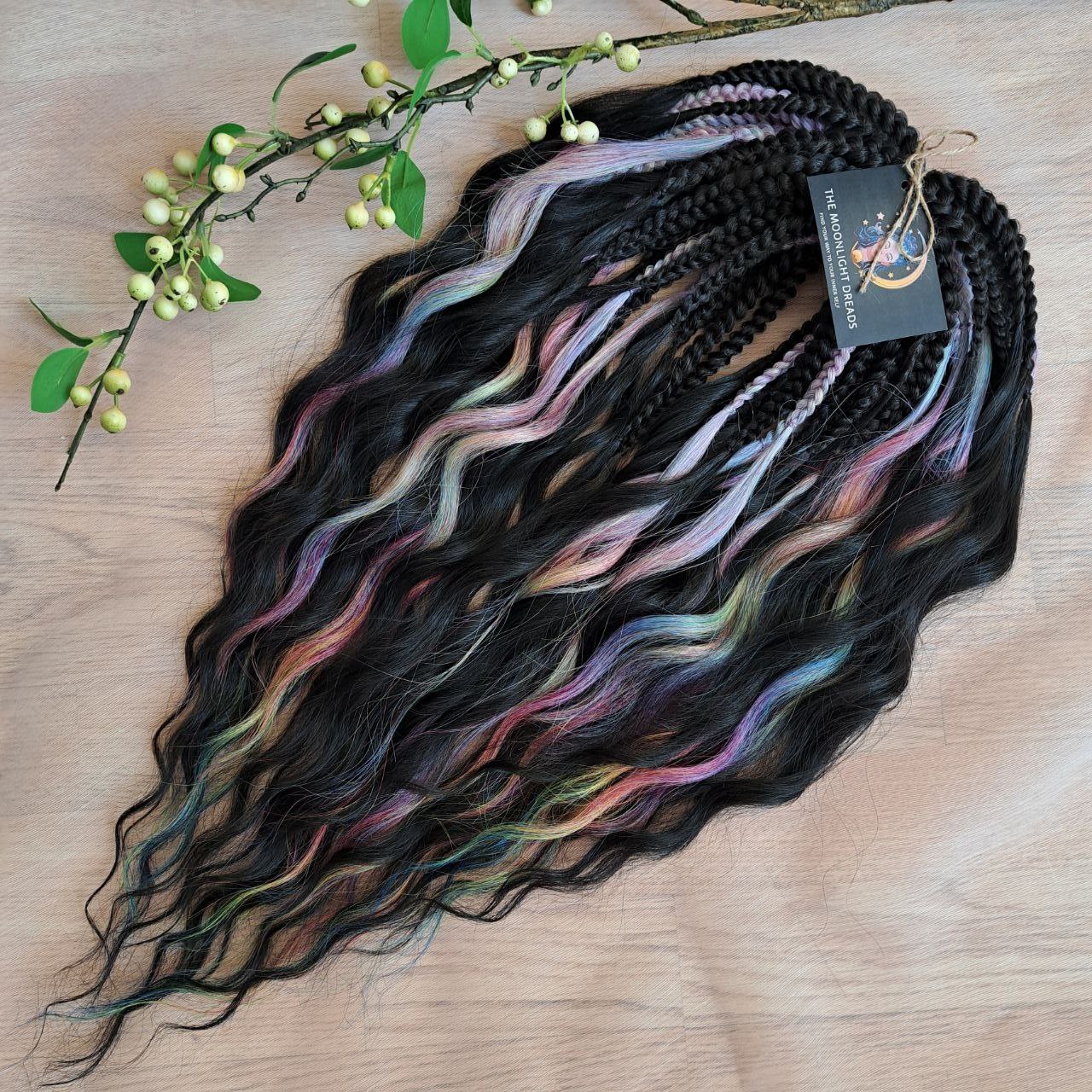 The mix of Black and Rainbow/glitch/prism effect (2/3 parts of black + 1/3 part of rainbow) soft, lightweight, and reusable synthetic brushable double ended wavy dreadlocks.