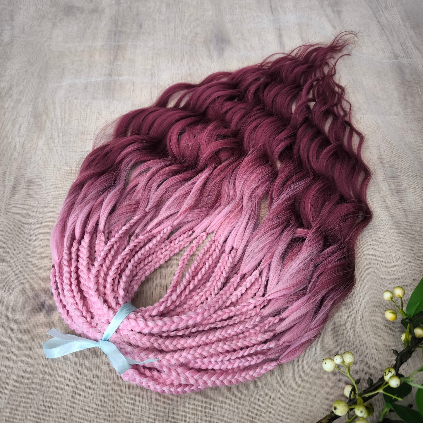 Ombre from pink to burgundy BRUSHABLE synthetic dreaded curls (regular, braided middle or push-up/dolly)