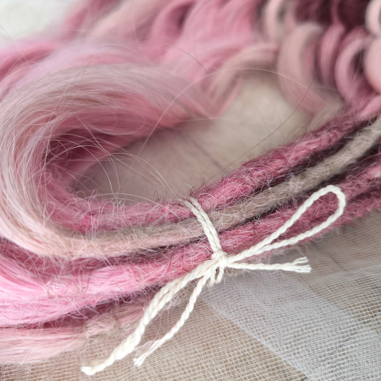 Cherry tree: multicolored mix of pink and ombre pink to burgundy BRUSHABLE synthetic curls (regular dreaded, braided middle or push-up)