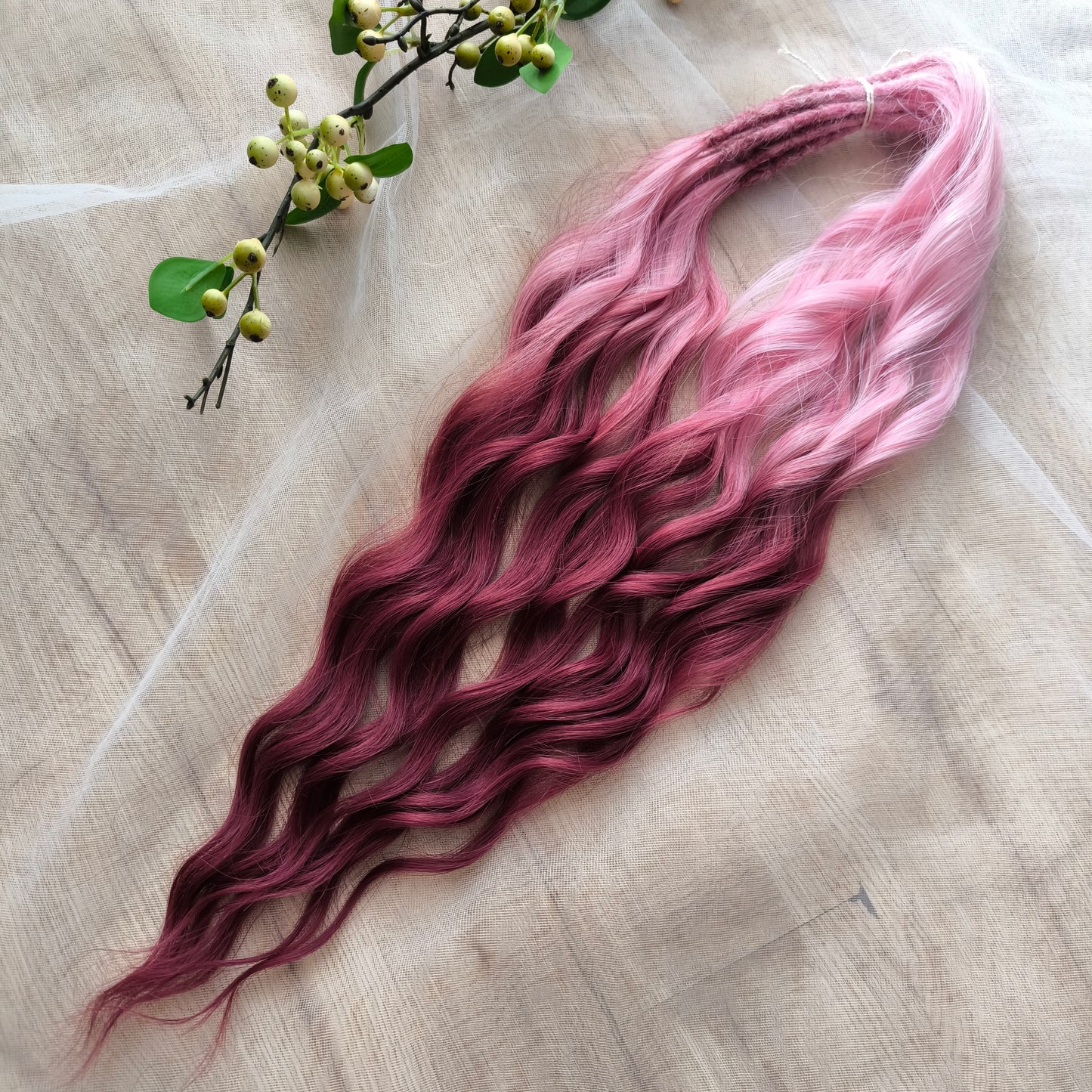 Ombre from pink to burgundy BRUSHABLE synthetic dreaded curls (regular, braided middle or push-up/dolly)