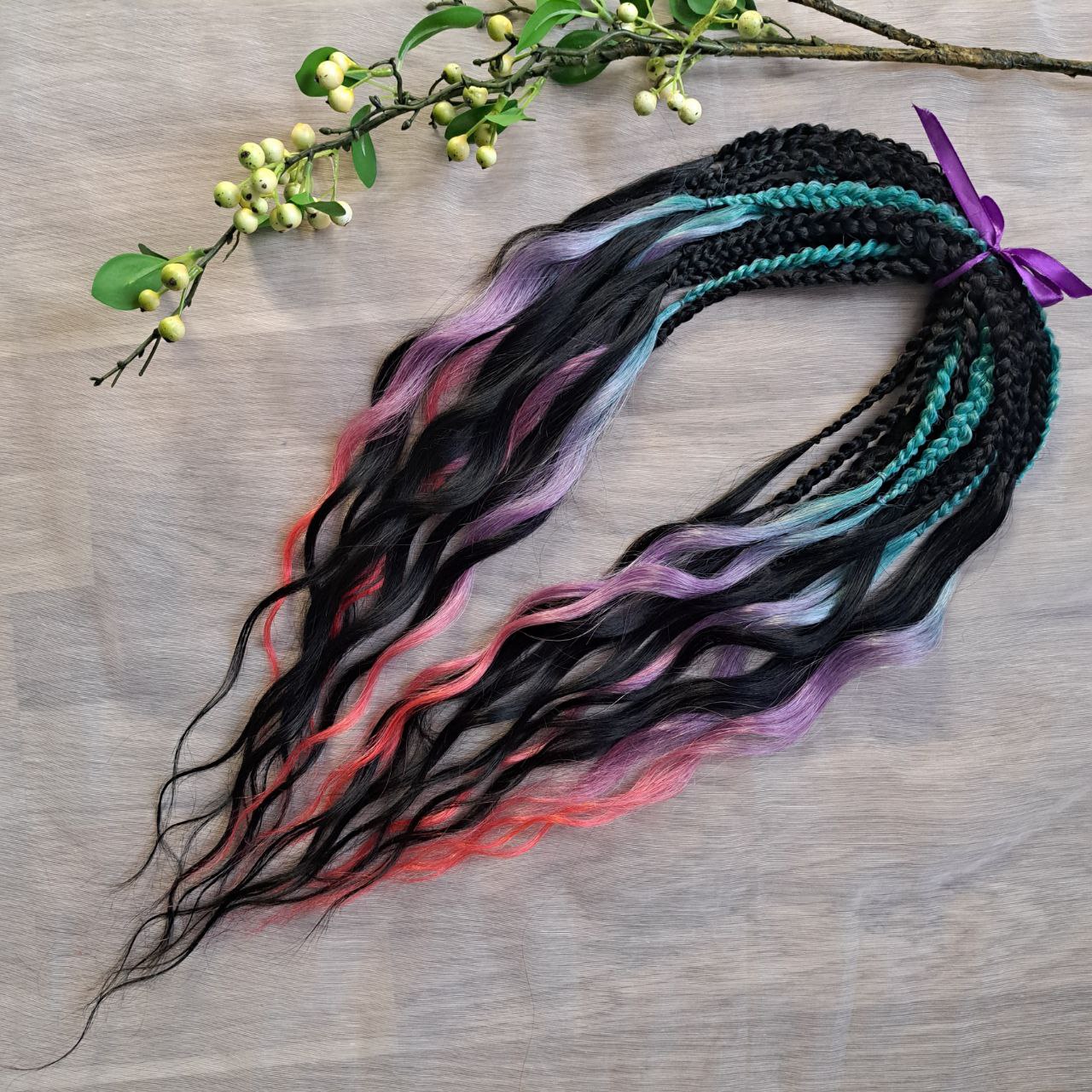 The mix of Black and ombre from green to purple and red soft, lightweight, and reusable synthetic brushable double ended wavy dreadlocks (braided middle): 2/3 parts of black + 1/3 part of rainbow