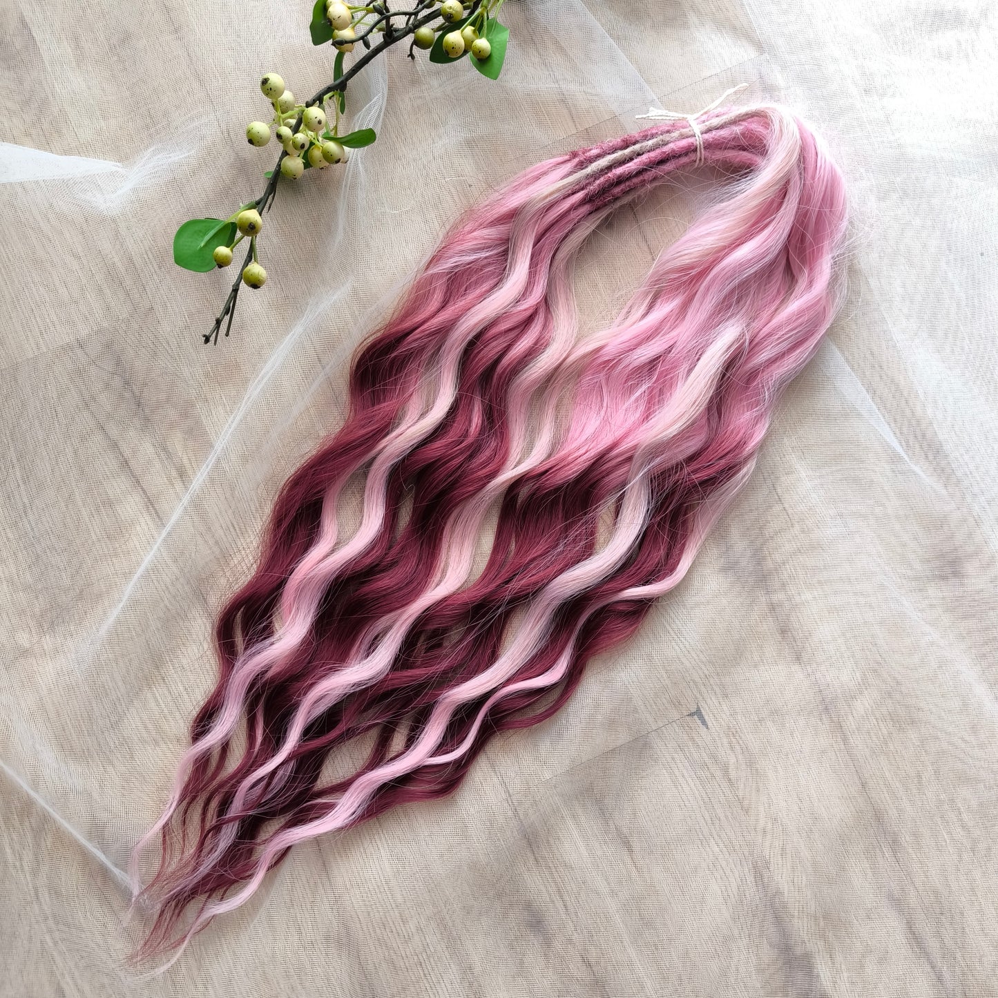 Cherry tree: multicolored mix of pink and ombre pink to burgundy BRUSHABLE synthetic curls (regular dreaded, braided middle or push-up)