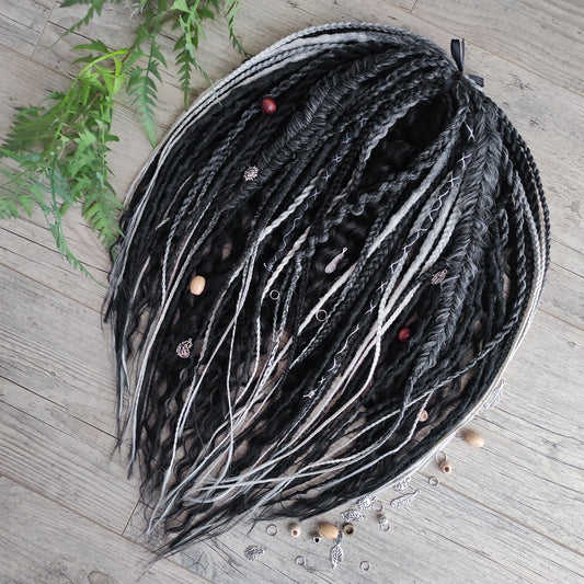 Pagan Witch: black, gray, and white/blonde - reusable, lightweight set of double ended synthetic bumpy dreads, braids, Senegalese twist, and dreaded curls (decoration is included).