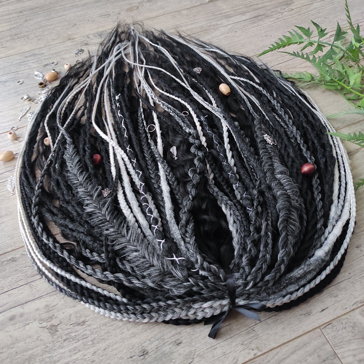 Pagan Witch: black, gray, and white/blonde - reusable, lightweight set of double ended synthetic bumpy dreads, braids, Senegalese twist, and dreaded curls (decoration is included).