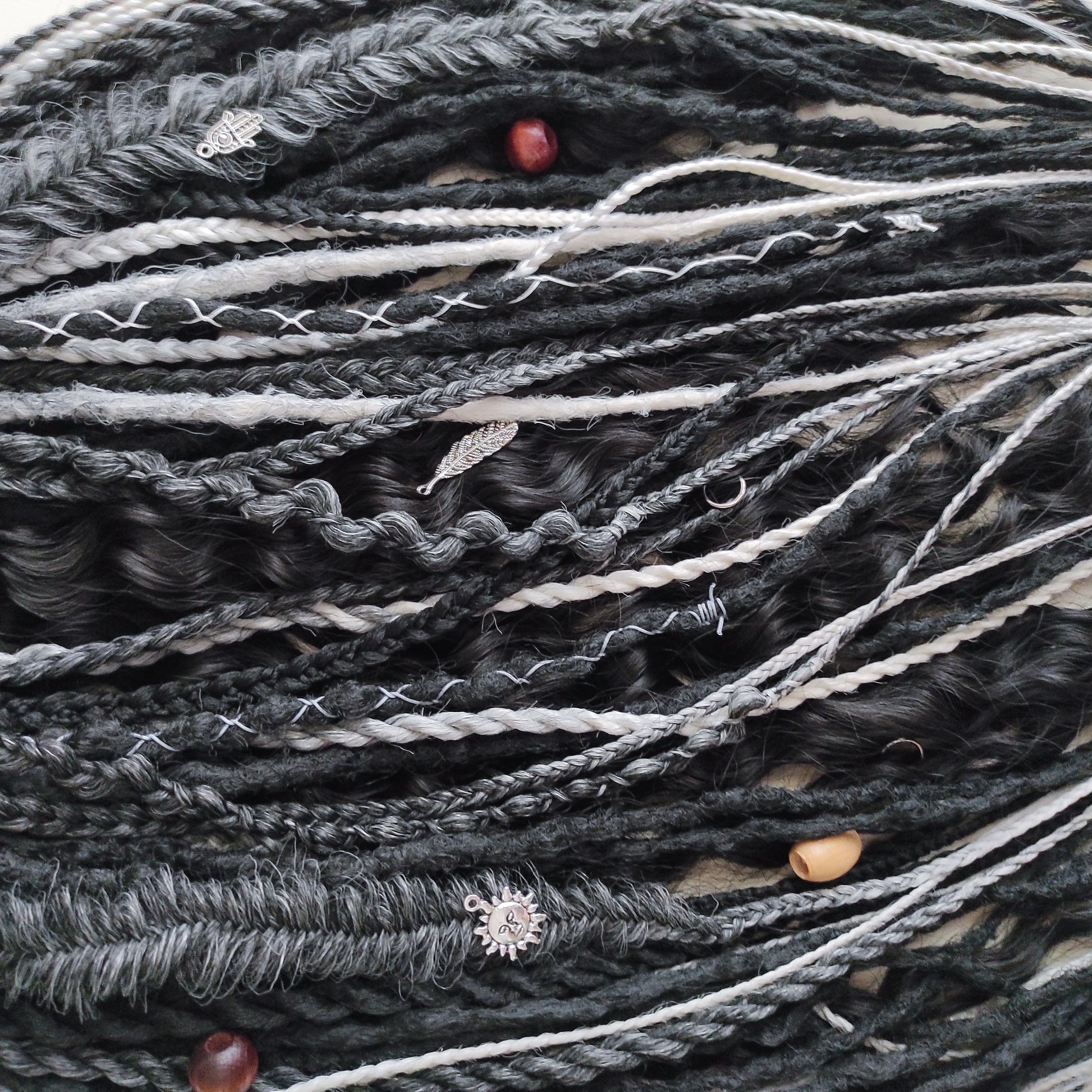 Pagan Witch: black, gray, and white/blonde - reusable, lightweight set of double ended synthetic bumpy dreads, braids, Senegalese twist, and dreaded curls (decoration is included).