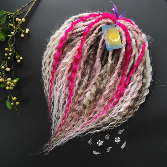 Rosé Sorbet - soft, lightweight, and reusable synthetic set of 4 colors double ended regular curls (NOT BRUSHABLE):
- platinum blonde
- ombre from light brown to wheat blonde
- ombre from nude blonde to pink and white
- fuchsia pink