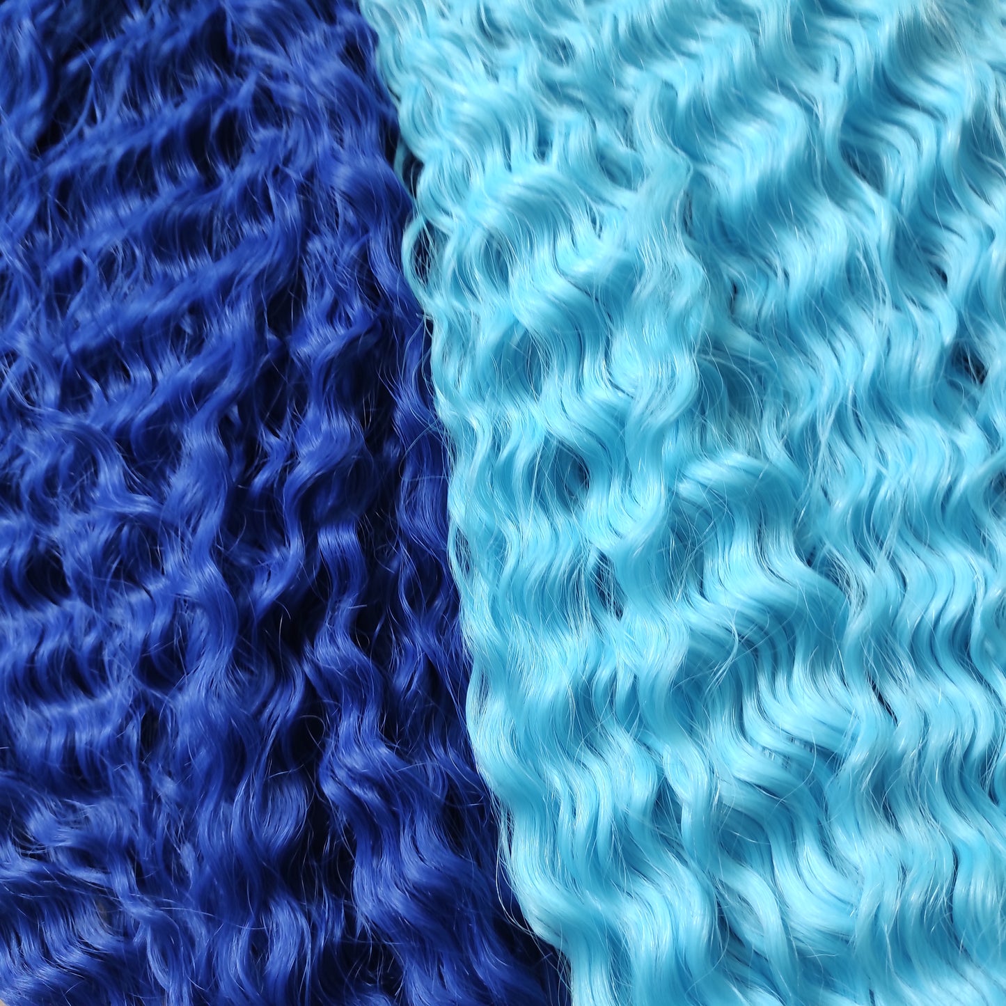 Soft, lightweight, and reusable synthetic sets of double ended regular curls (NOT BRUSHABLE) in blue shades:

1. sky blue;
2. deep blue;

The length:
Standard dreaded - 22-24 inches (55-60 cm), dreaded part `3-4 inches
Push-up / Dolly - 20-22 inches (50-55 cm), dreaded part `4 inches (from working side)