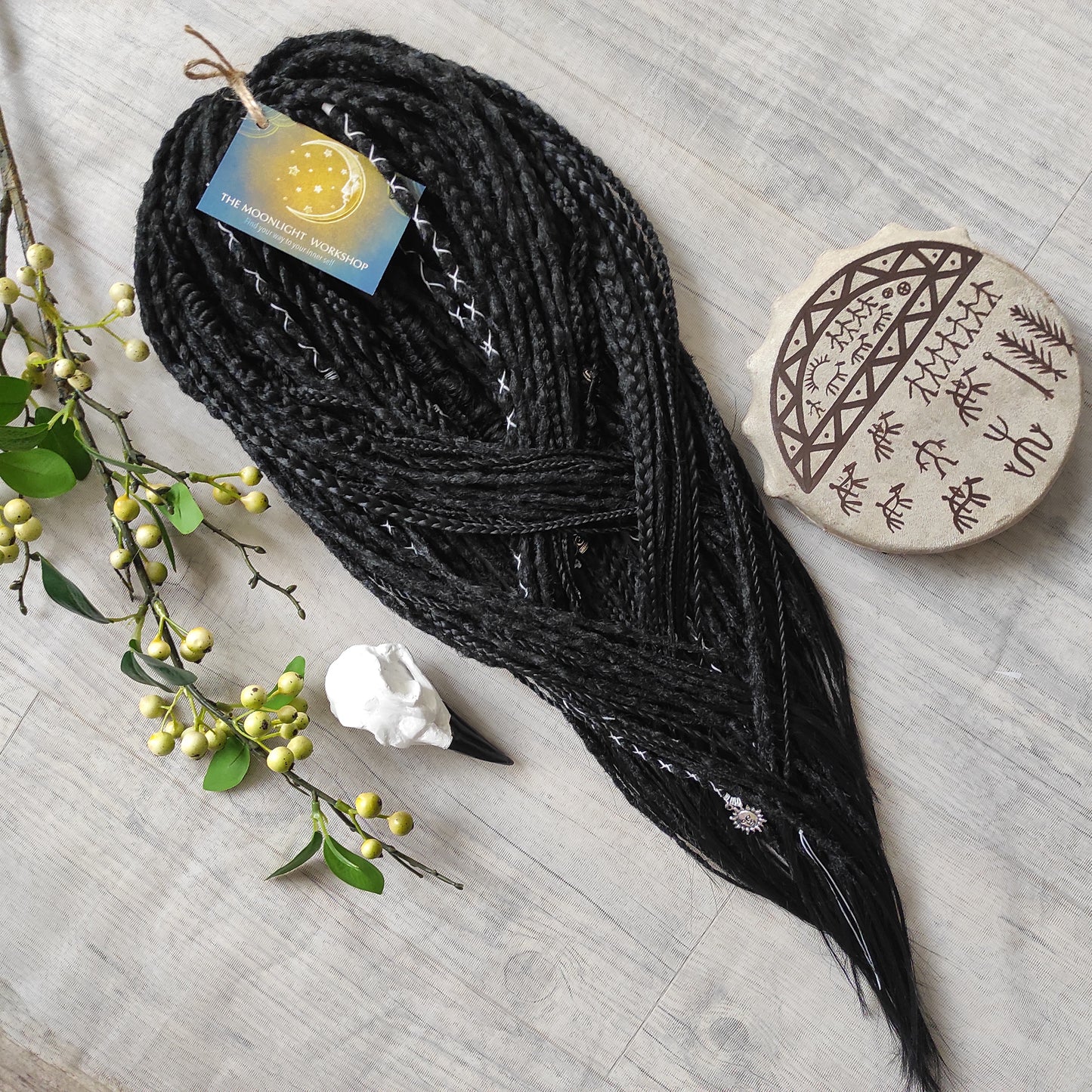 This set of synthetic dreadlocks combines elements of a Viking-inspired aesthetic.
Black double ended crochet dreads, braids, and Senegalese twists. Decoration is included. Reusable lightweight set made from high-quality synthetic hypoallergenic material kanekalon.

Standard length: ±22-24 inches (55-60 cm)
Thickness of dreads and braids: ±0.8 cm