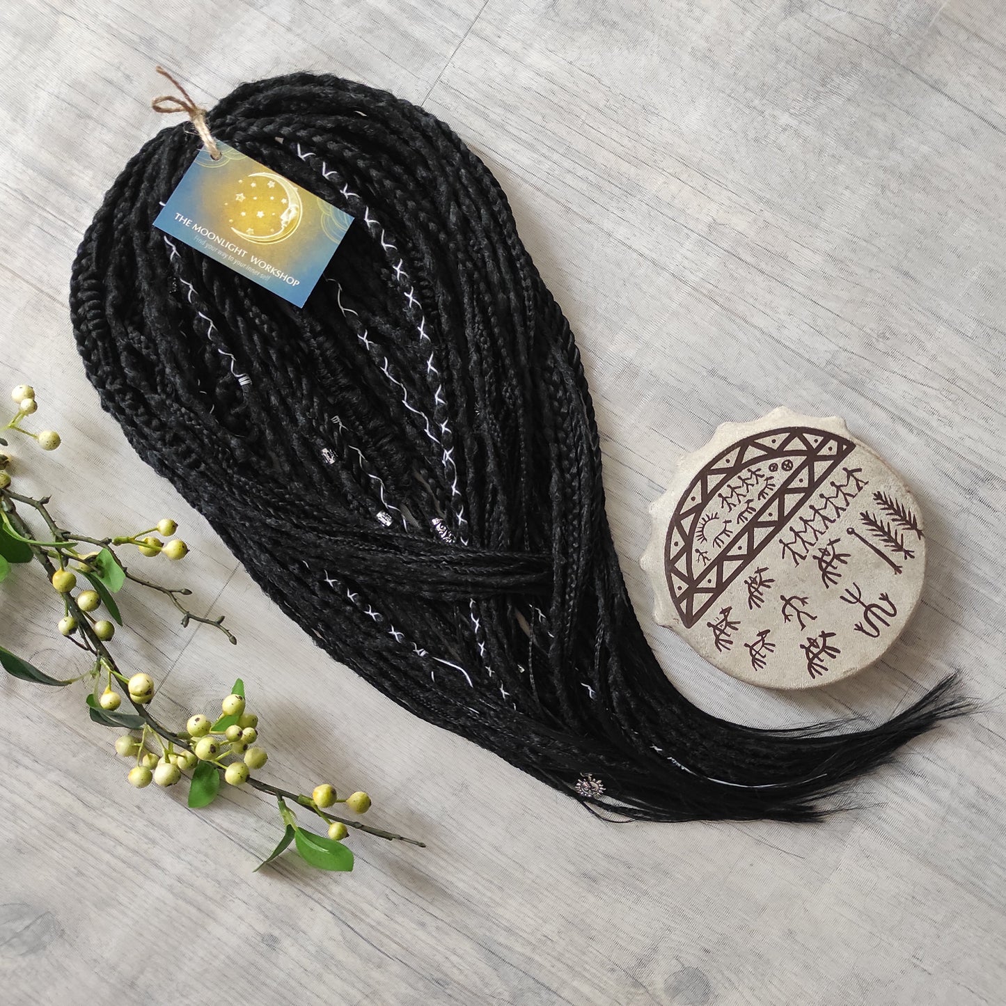 This set of synthetic dreadlocks combines elements of a Viking-inspired aesthetic.
Black double ended crochet dreads, braids, and Senegalese twists. Decoration is included. Reusable lightweight set made from high-quality synthetic hypoallergenic material kanekalon.

Standard length: ±22-24 inches (55-60 cm)
Thickness of dreads and braids: ±0.8 cm