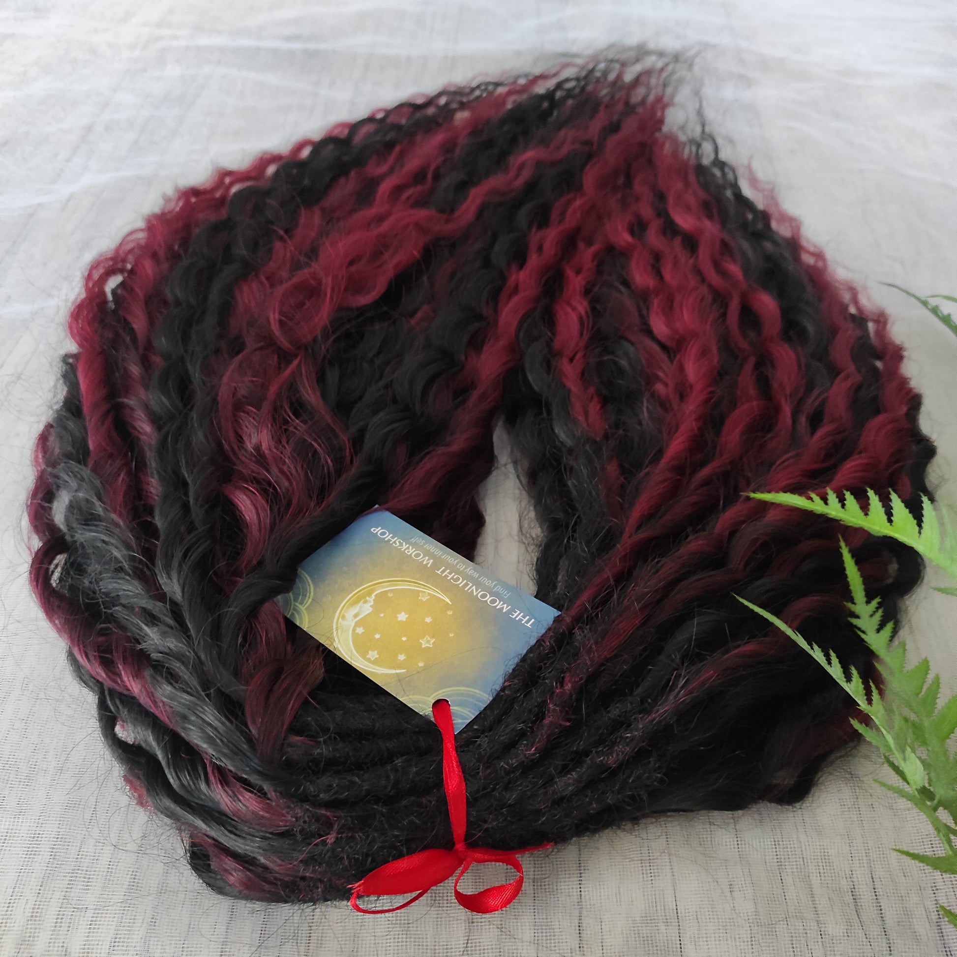 Black Ruby -  non-brushable dreaded curls: soft synthetic black & burgundy wavy dreadlocks
