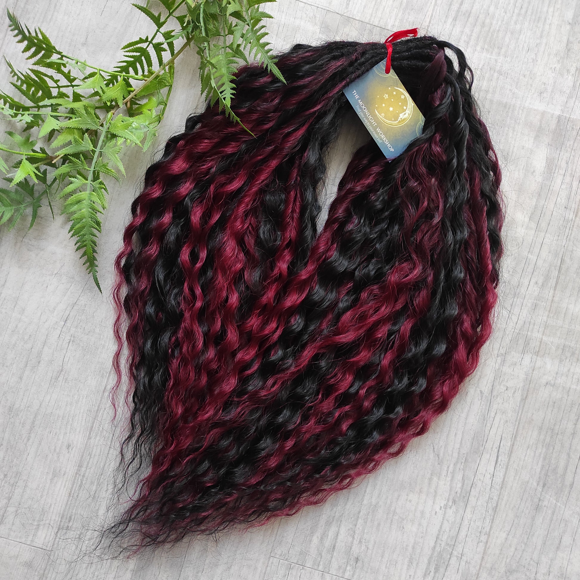 Black Ruby -  non-brushable dreaded curls: soft synthetic black & burgundy wavy dreadlocks