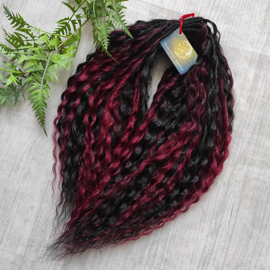 Black Ruby -  non-brushable dreaded curls: soft synthetic black & burgundy wavy dreadlocks