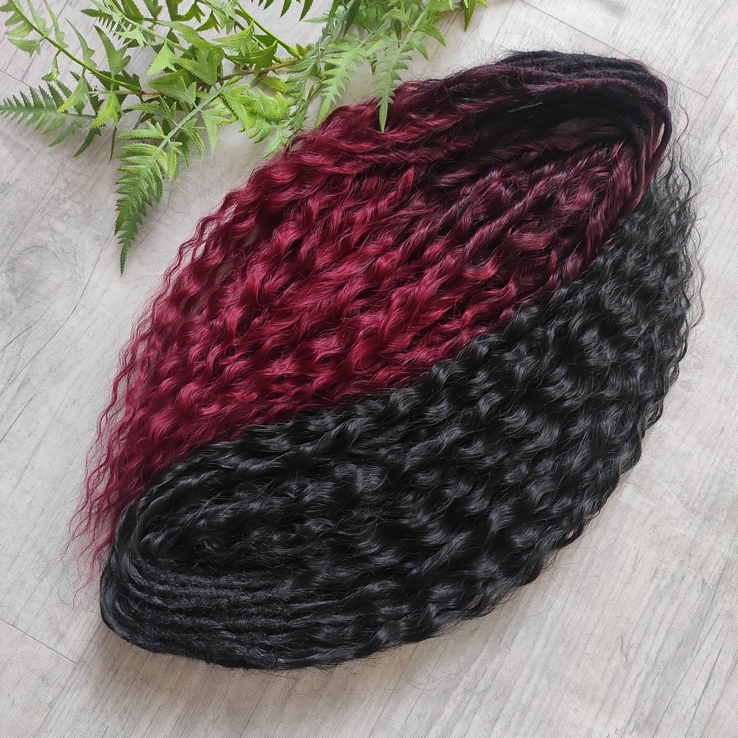 Black Ruby -  non-brushable dreaded curls: soft synthetic black & burgundy wavy dreadlocks
