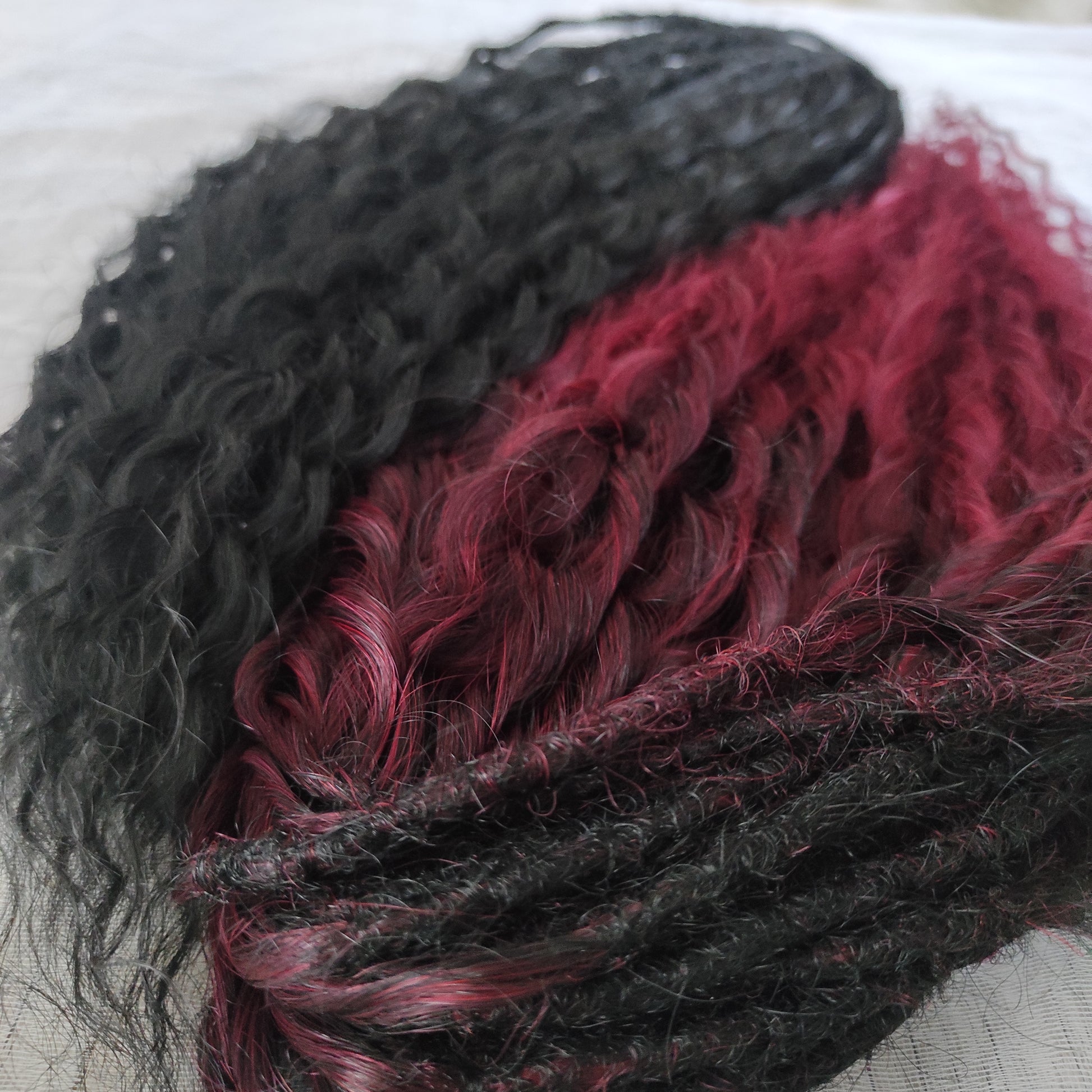 Black Ruby -  non-brushable dreaded curls: soft synthetic black & burgundy wavy dreadlocks