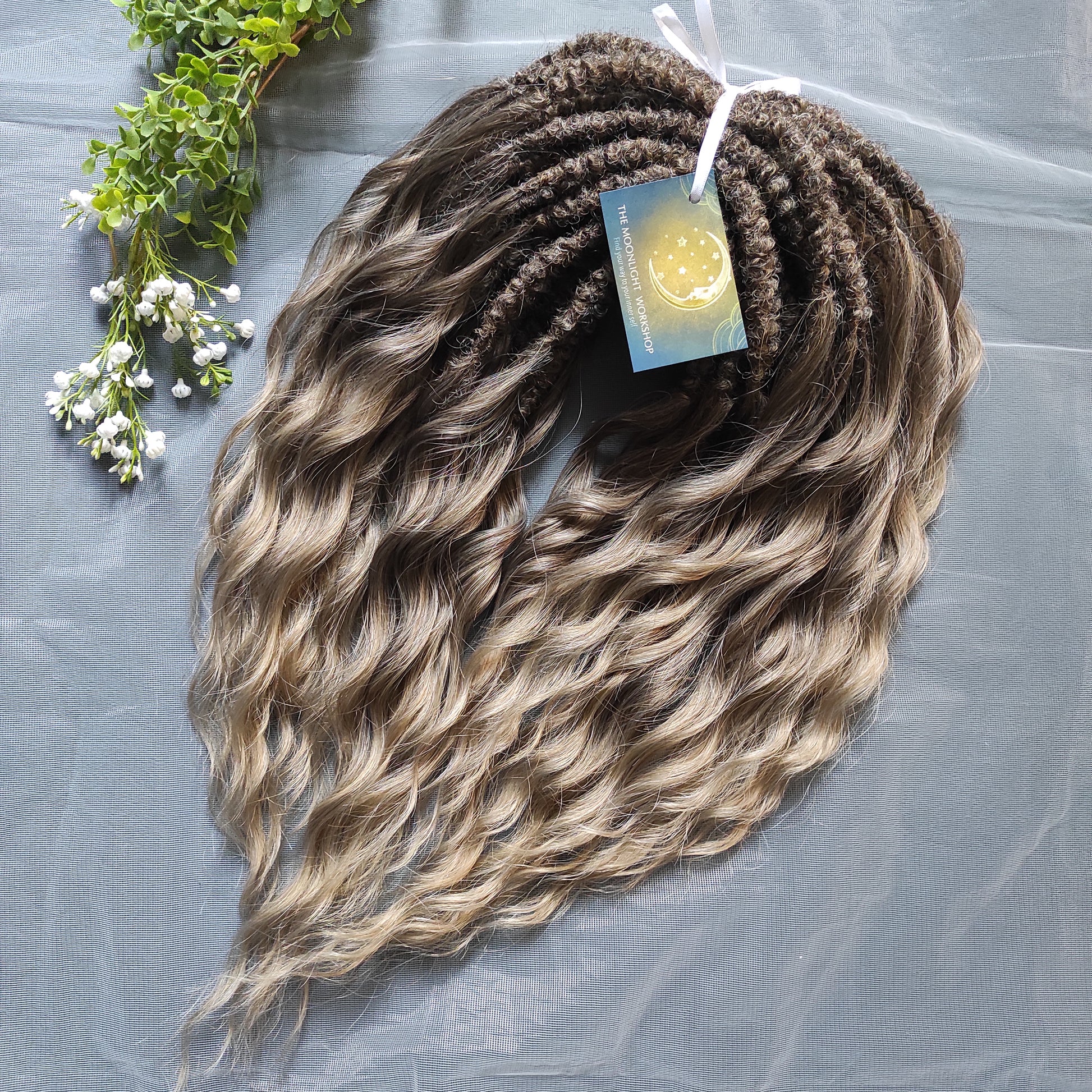 Ash ombre from light brown to wheat blonde soft, lightweight, and reusable synthetic brushable double ended wavy dreadlocks (regular dreaded, braided middle or push-up).