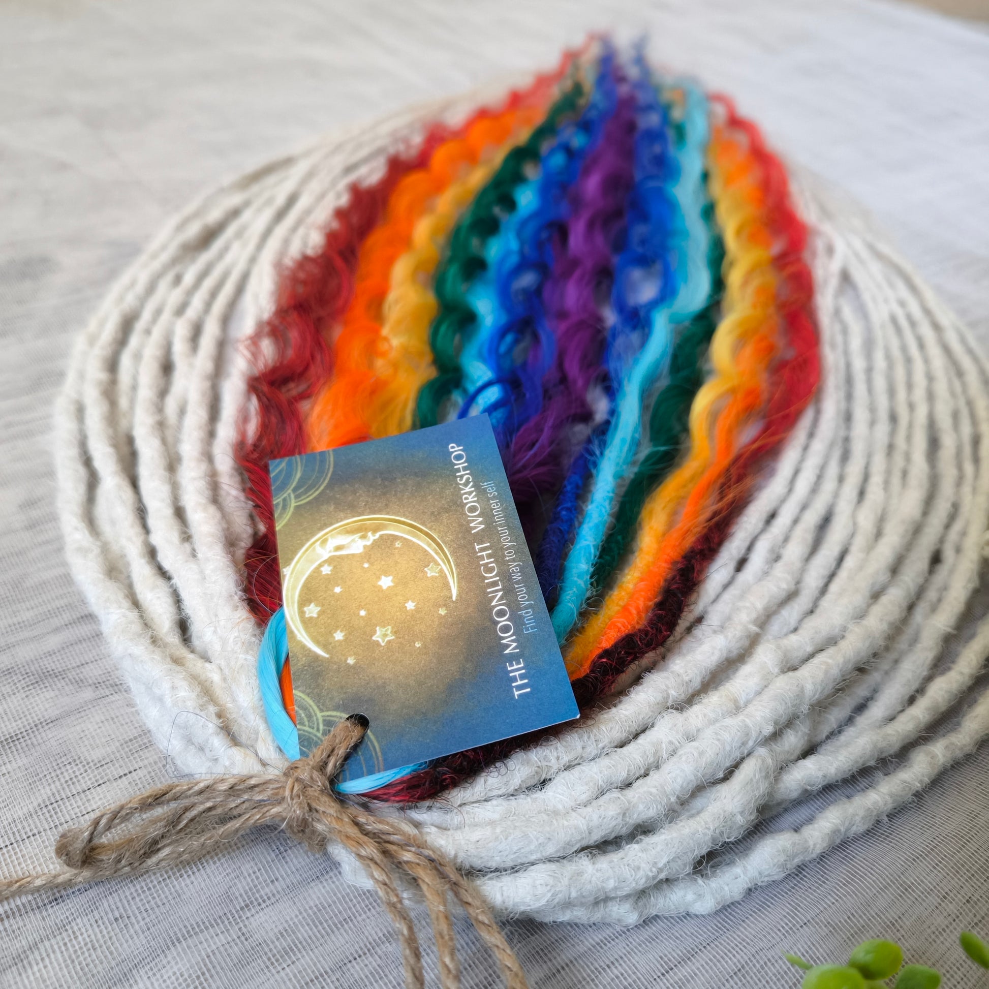 Rainbow: red, orange, yellow, green, light and dark blue, purple - soft, lightweight, and reusable synthetic DE regular curls (NOT BRUSHABLE). This set is a great colorful accent to any of your sets (curls or dreads).

The length:
Standard dreaded - 22-24 inches (55-60 cm), dreaded part ±4-5 inches
Push-up / Dolly - 20-22 inches (50-55 cm), dreaded part ±4 inches (from working side).