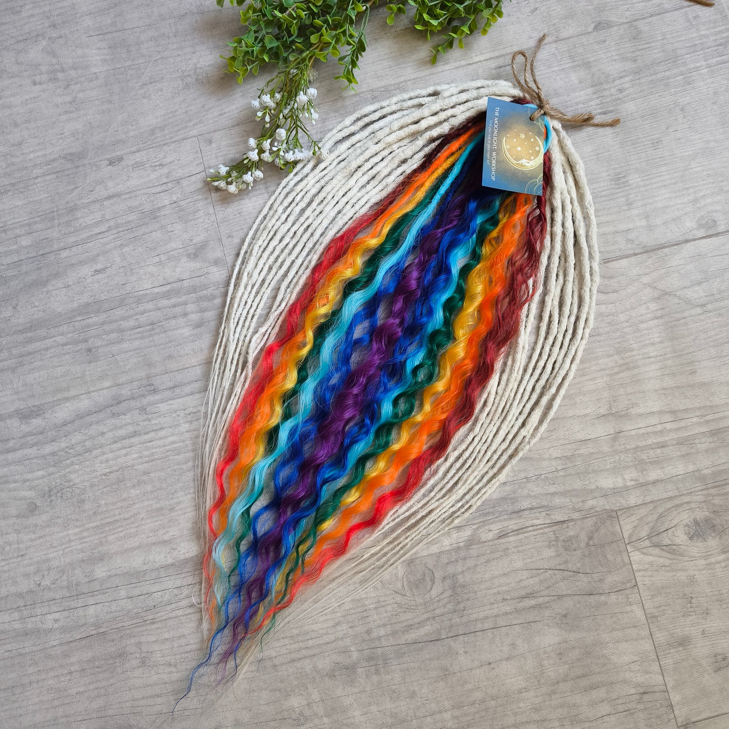 Rainbow: red, orange, yellow, green, light and dark blue, purple - soft, lightweight, and reusable synthetic DE regular curls (NOT BRUSHABLE). This set is a great colorful accent to any of your sets (curls or dreads).

The length:
Standard dreaded - 22-24 inches (55-60 cm), dreaded part ±4-5 inches
Push-up / Dolly - 20-22 inches (50-55 cm), dreaded part ±4 inches (from working side).