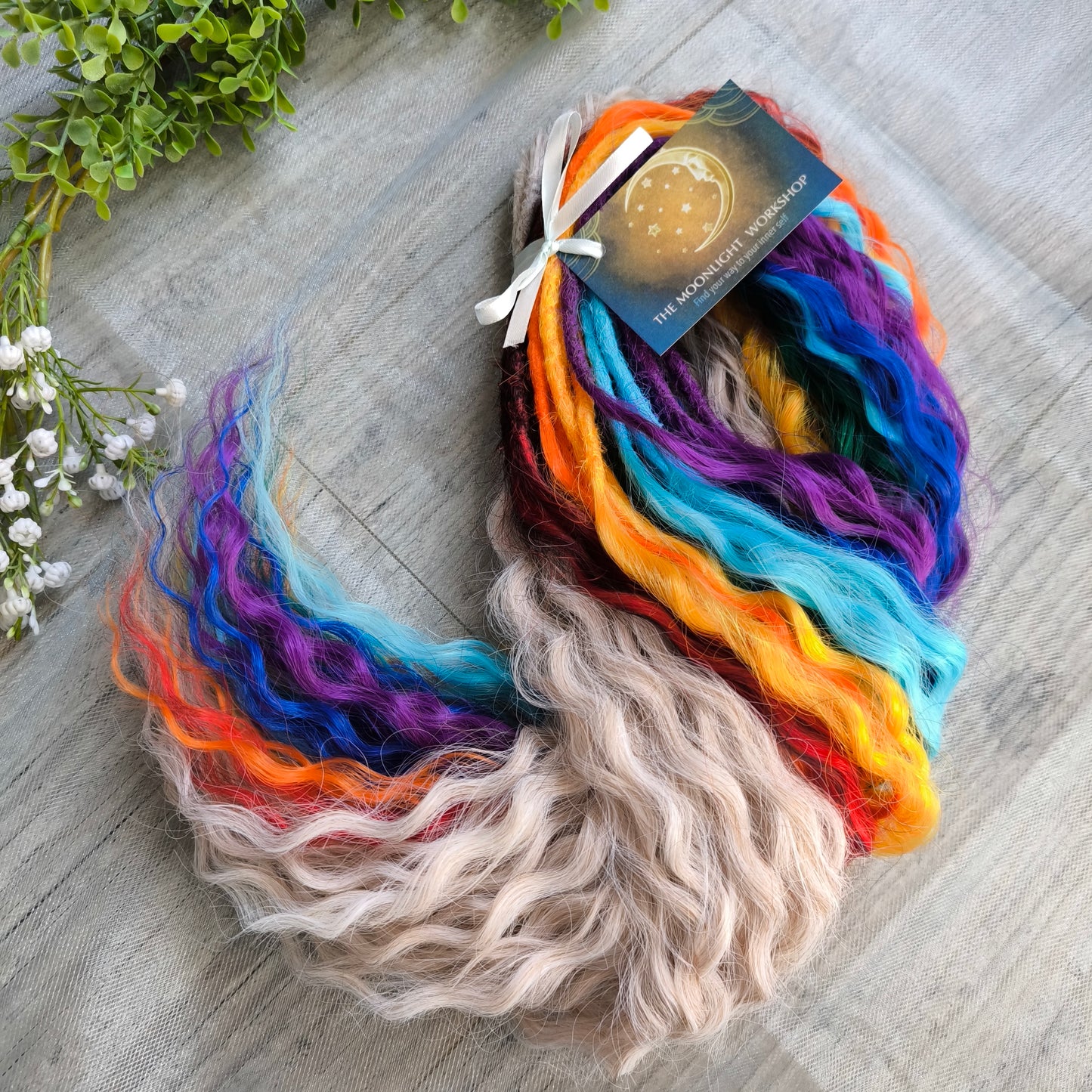 Rainbow: red, orange, yellow, green, light and dark blue, purple - soft, lightweight, and reusable synthetic DE regular curls (NOT BRUSHABLE). This set is a great colorful accent to any of your sets (curls or dreads).

The length:
Standard dreaded - 22-24 inches (55-60 cm), dreaded part ±4-5 inches
Push-up / Dolly - 20-22 inches (50-55 cm), dreaded part ±4 inches (from working side).