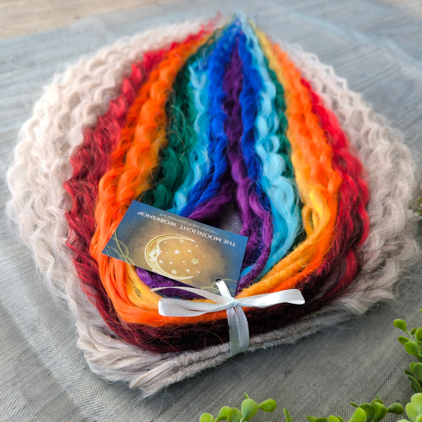Rainbow: red, orange, yellow, green, light and dark blue, purple - soft, lightweight, and reusable synthetic DE regular curls (NOT BRUSHABLE). This set is a great colorful accent to any of your sets (curls or dreads).

The length:
Standard dreaded - 22-24 inches (55-60 cm), dreaded part ±4-5 inches
Push-up / Dolly - 20-22 inches (50-55 cm), dreaded part ±4 inches (from working side).