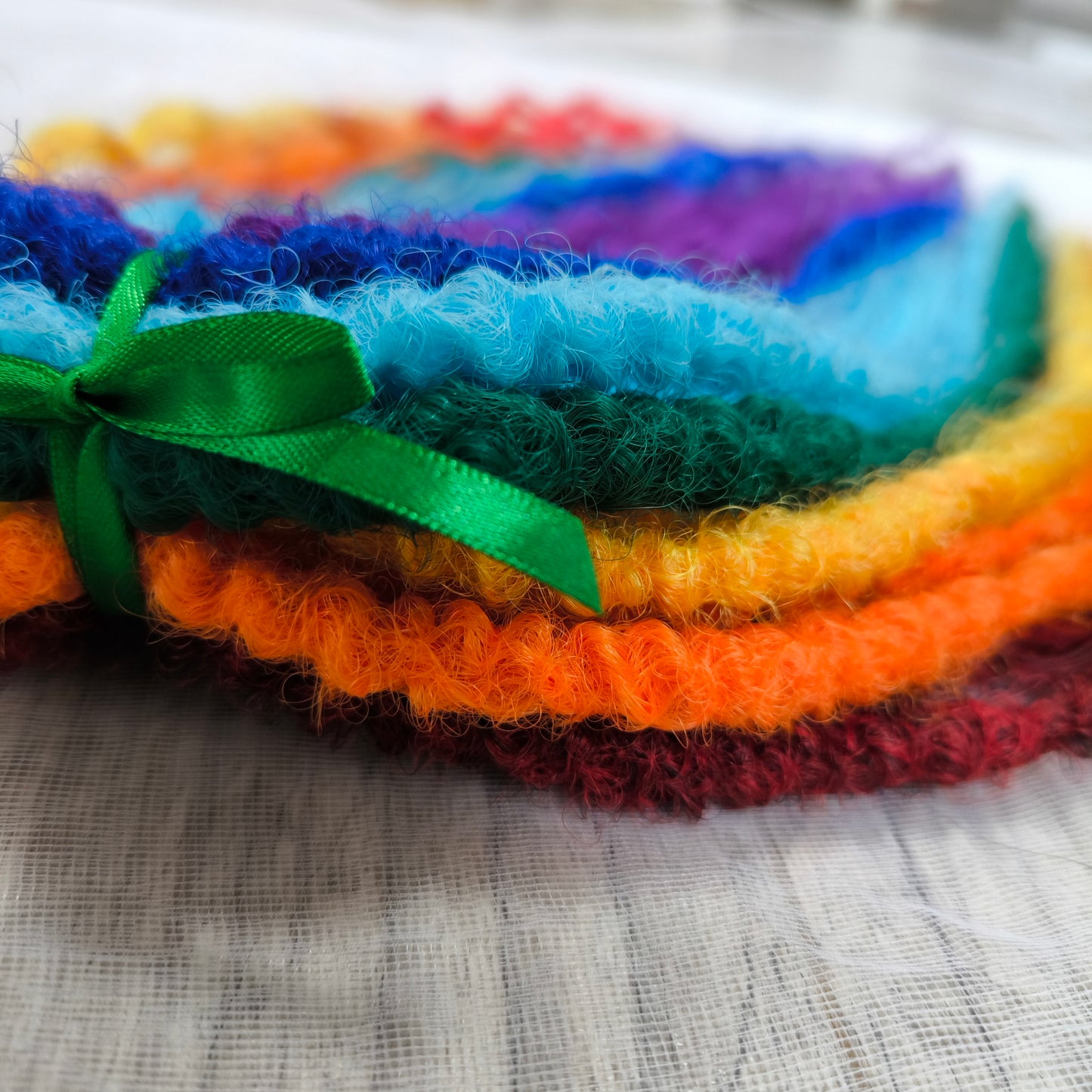 Rainbow: red, orange, yellow, green, light and dark blue, purple - soft, lightweight, and reusable synthetic DE regular curls (NOT BRUSHABLE). This set is a great colorful accent to any of your sets (curls or dreads).

The length:
Standard dreaded - 22-24 inches (55-60 cm), dreaded part ±4-5 inches
Push-up / Dolly - 20-22 inches (50-55 cm), dreaded part ±4 inches (from working side).