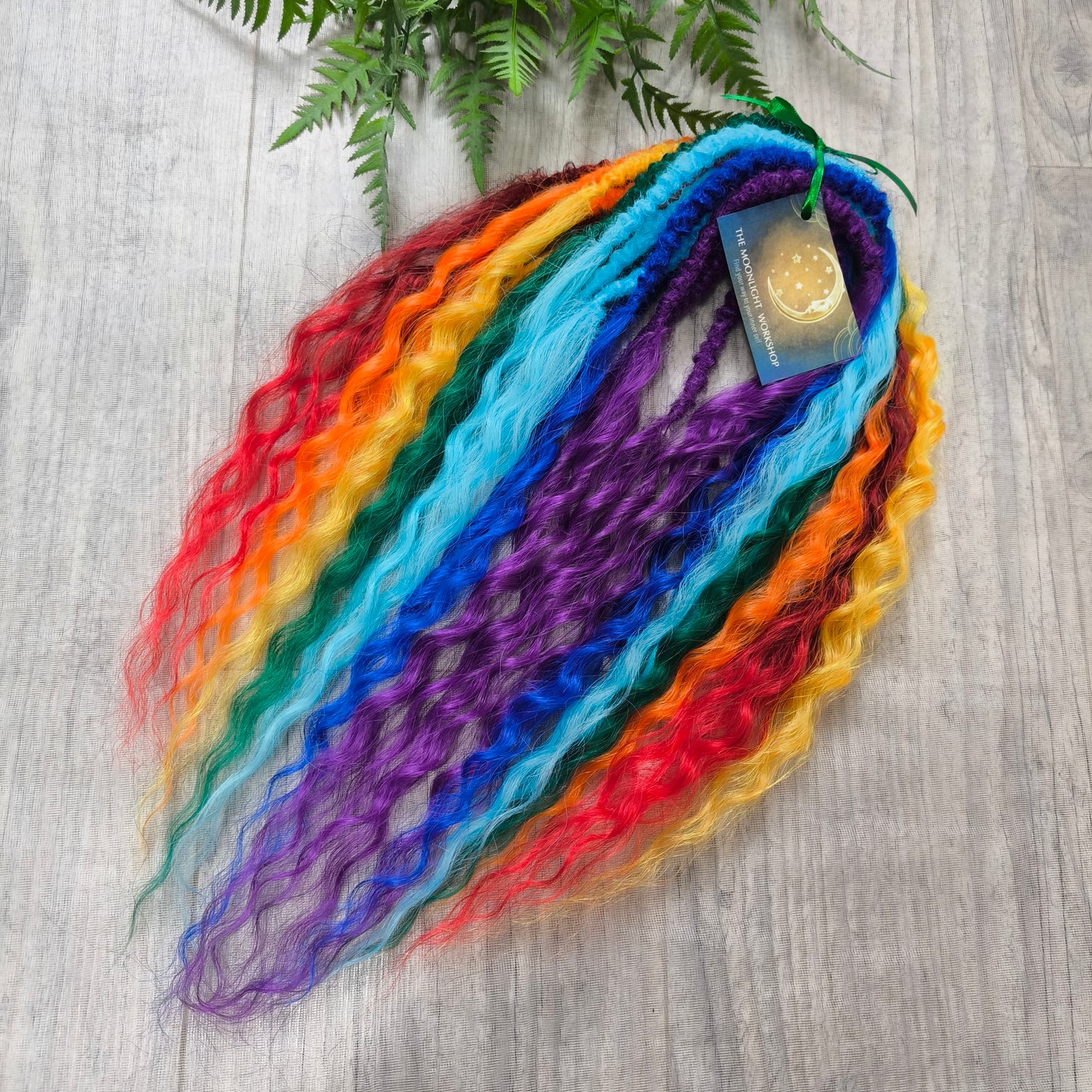 Rainbow: red, orange, yellow, green, light and dark blue, purple - soft, lightweight, and reusable synthetic DE regular curls (NOT BRUSHABLE). This set is a great colorful accent to any of your sets (curls or dreads).

The length:
Standard dreaded - 22-24 inches (55-60 cm), dreaded part ±4-5 inches
Push-up / Dolly - 20-22 inches (50-55 cm), dreaded part ±4 inches (from working side).