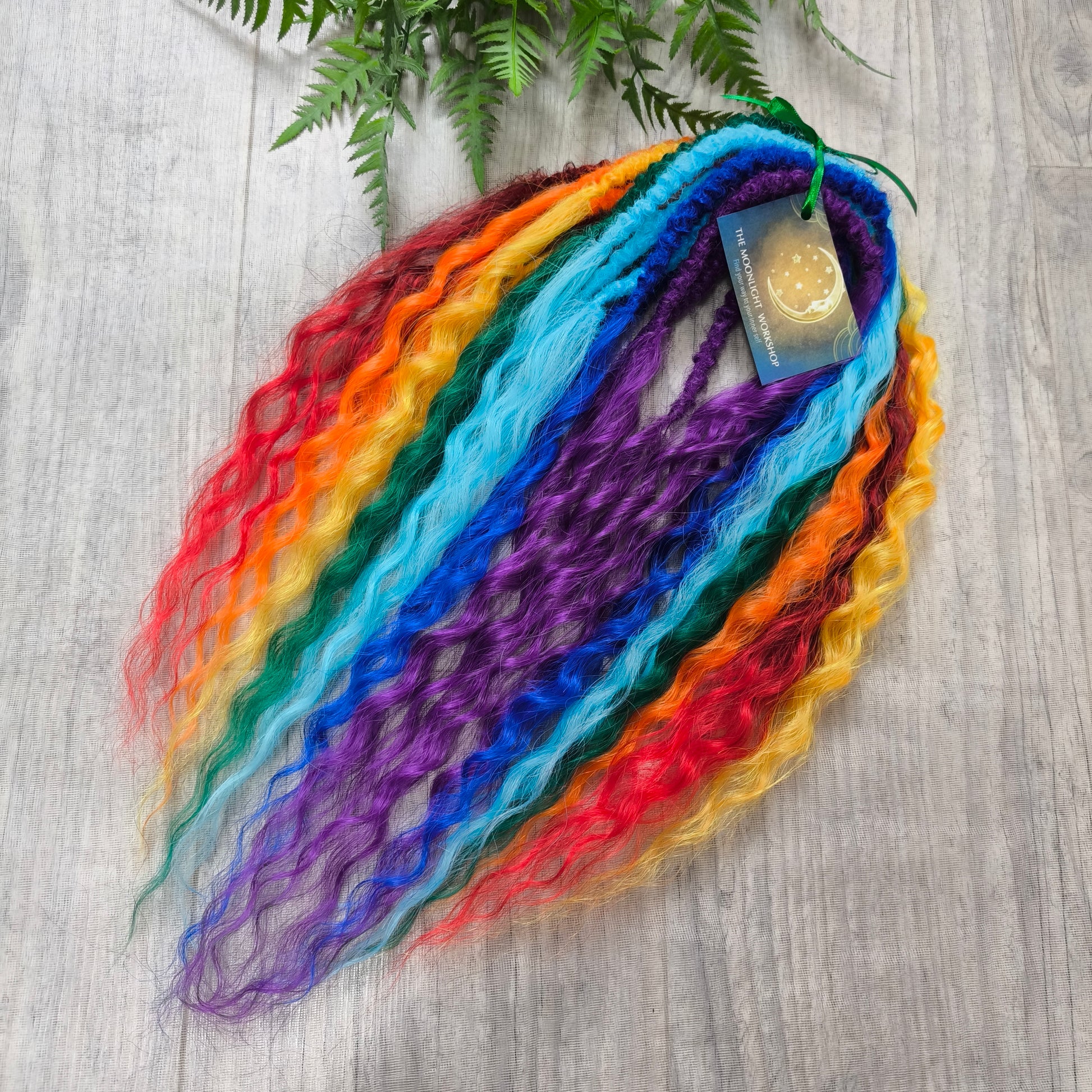 Rainbow: red, orange, yellow, green, light and dark blue, purple - soft, lightweight, and reusable synthetic DE regular curls (NOT BRUSHABLE). This set is a great colorful accent to any of your sets (curls or dreads).

The length:
Standard dreaded - 22-24 inches (55-60 cm), dreaded part ±4-5 inches
Push-up / Dolly - 20-22 inches (50-55 cm), dreaded part ±4 inches (from working side).
