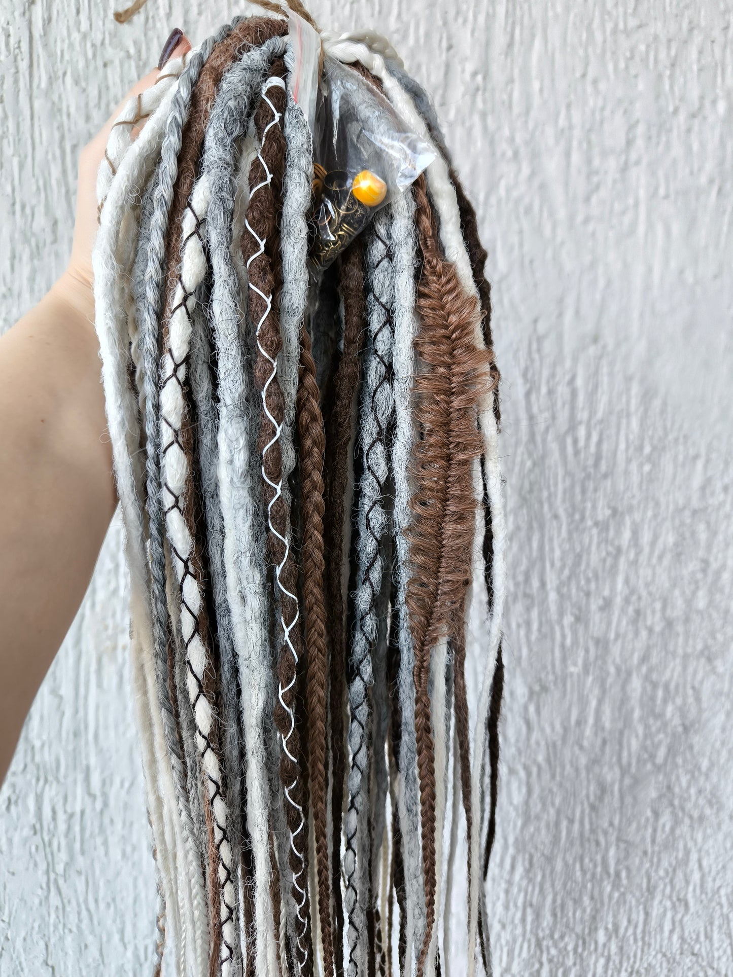 Stonewood - crochet dreads and braids in white, ombre from grey to ash blonde and brown tones.

Length - 22-24 inches (55-60 cm)
Thickness of the dreads and braids - ±0.8-1 cm